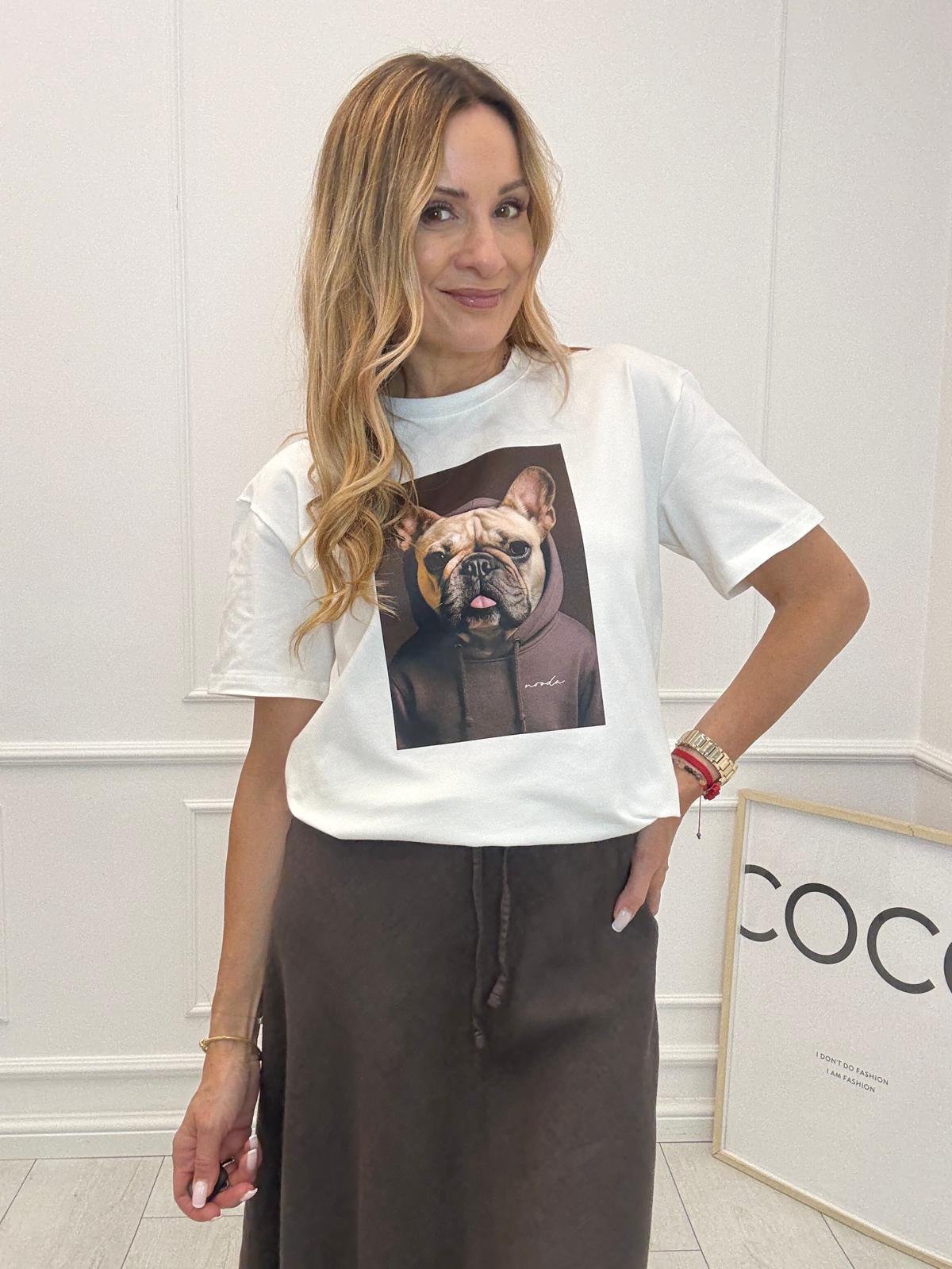 Biała Bluzka T-shirt Nooda Model z Buldogiem