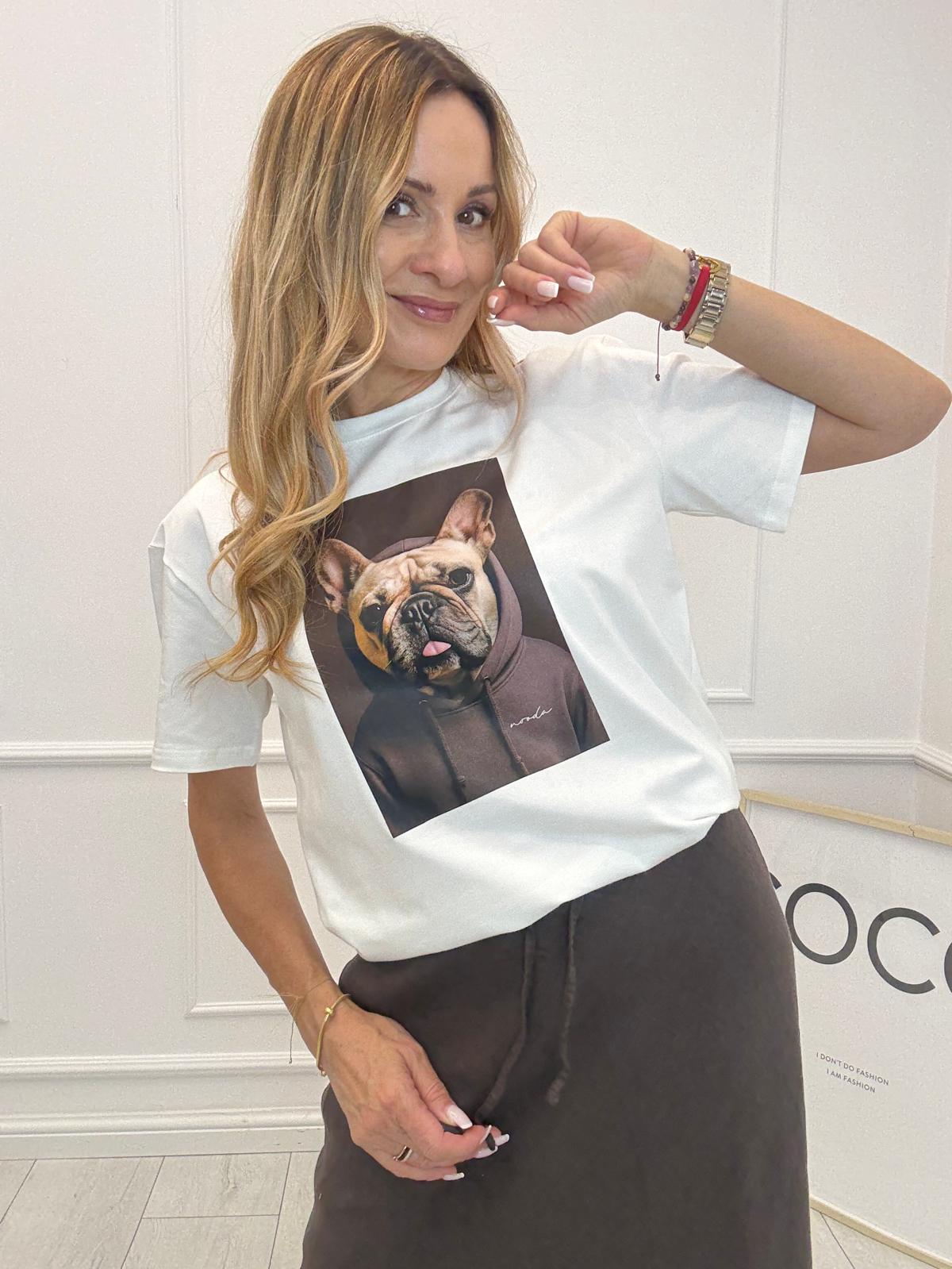 Biała Bluzka T-shirt Nooda Model z Buldogiem