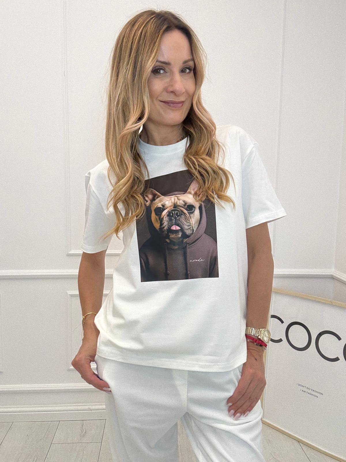 Biała Bluzka T-shirt Nooda Model z Buldogiem