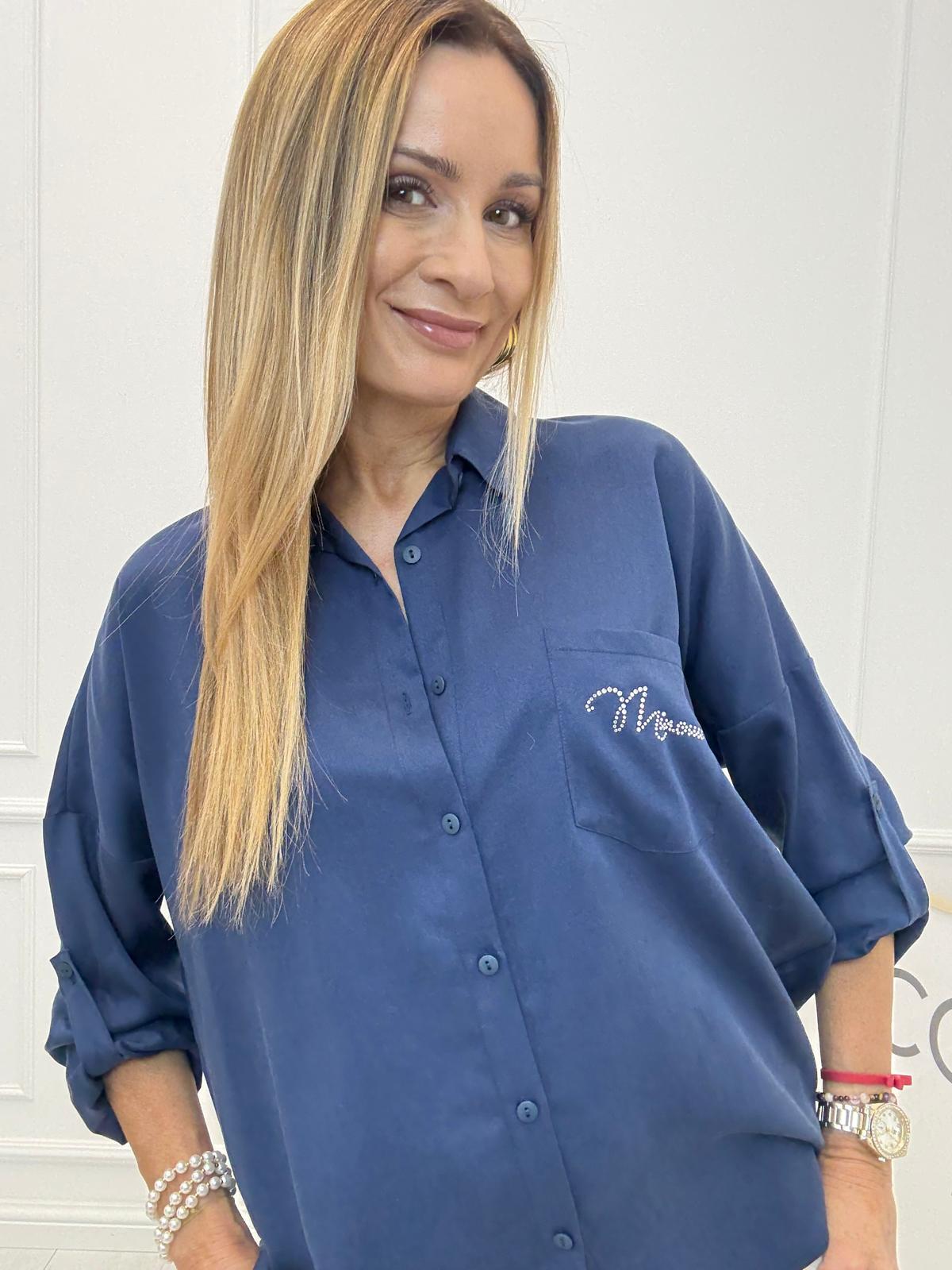 Luźna Koszula Logo Cekiny Minouu z Wiązaniem Na Plecach Granatowa