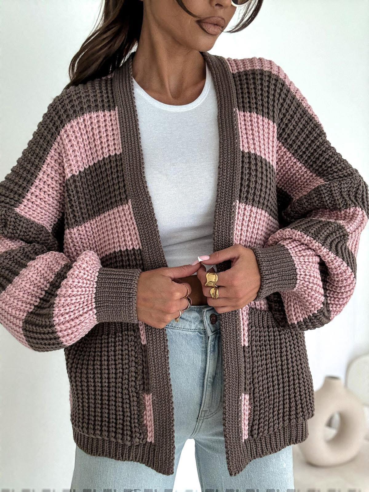 Sweter Kardigan Czekolada w Pudrowo Różowe Paski BOCCA