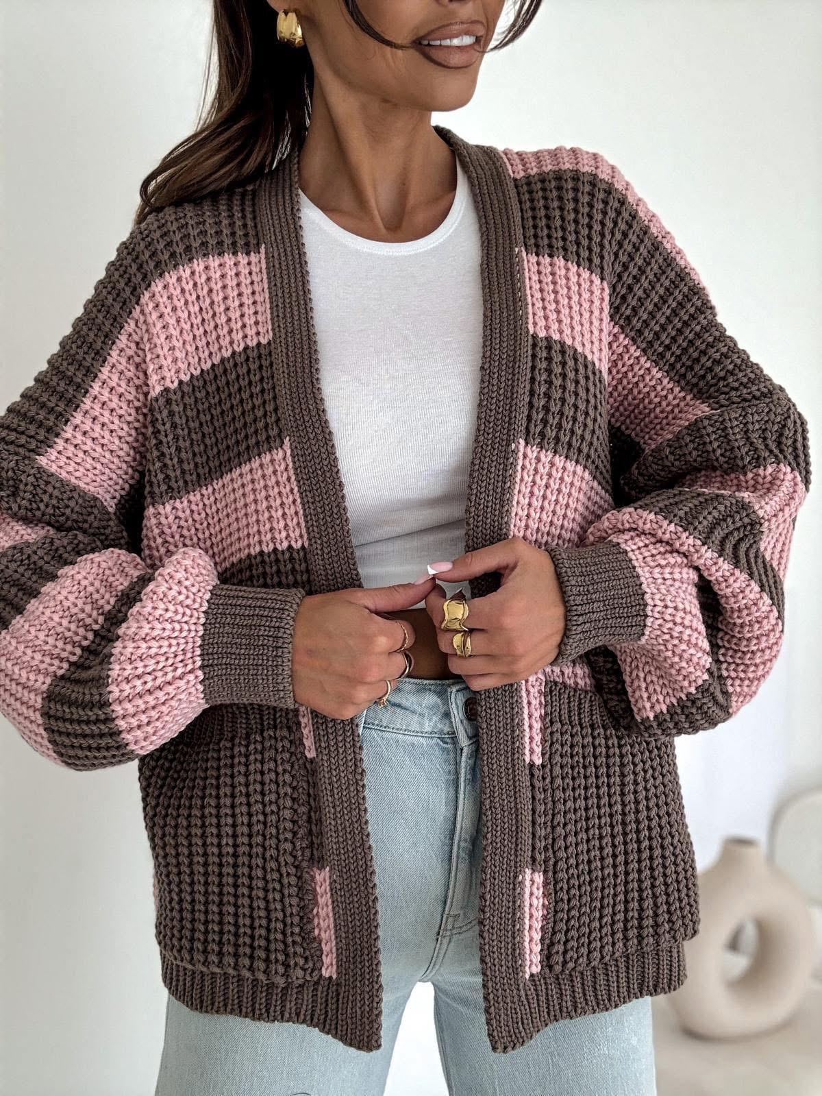Sweter Kardigan Czekolada w Pudrowo Różowe Paski BOCCA