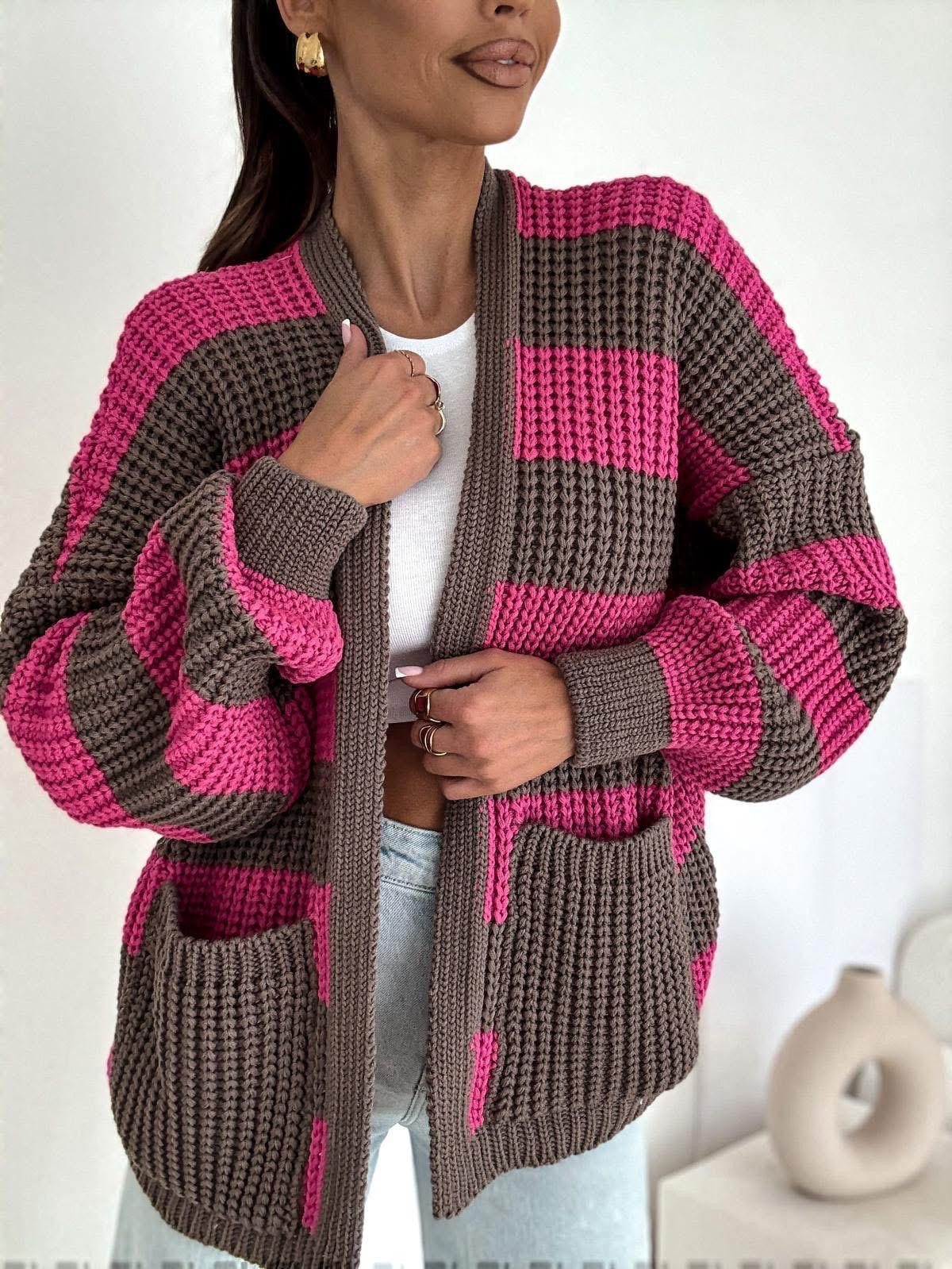 Sweter Kardigan Czekolada w Różowe Paski BOCCA