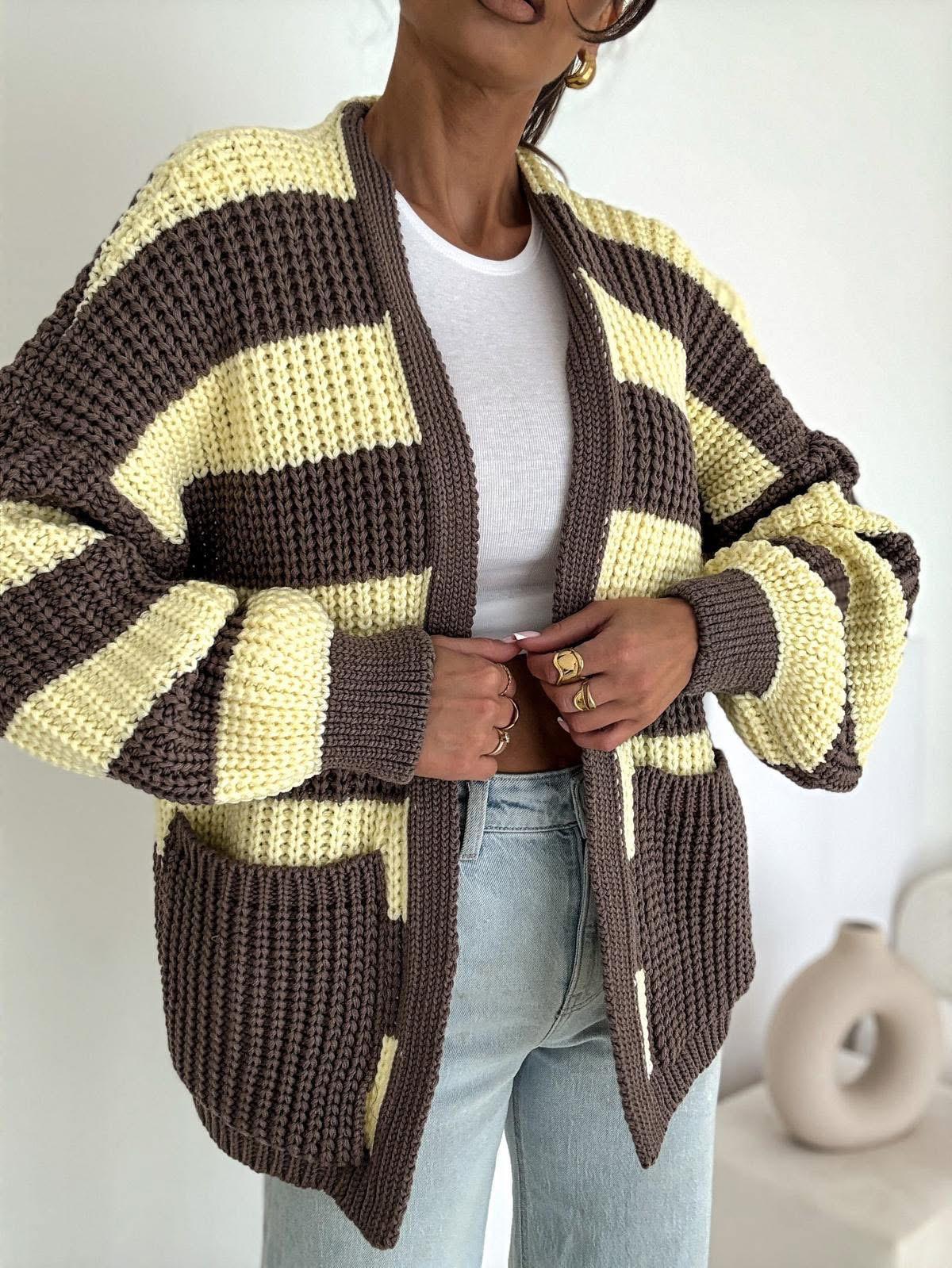 Sweter Kardigan Czekolada w Zółte Paski BOCCA
