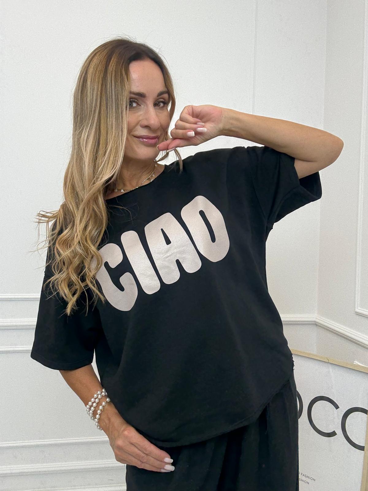 Czarna Bluzka T-shirt z Napisem CIAO Mooij