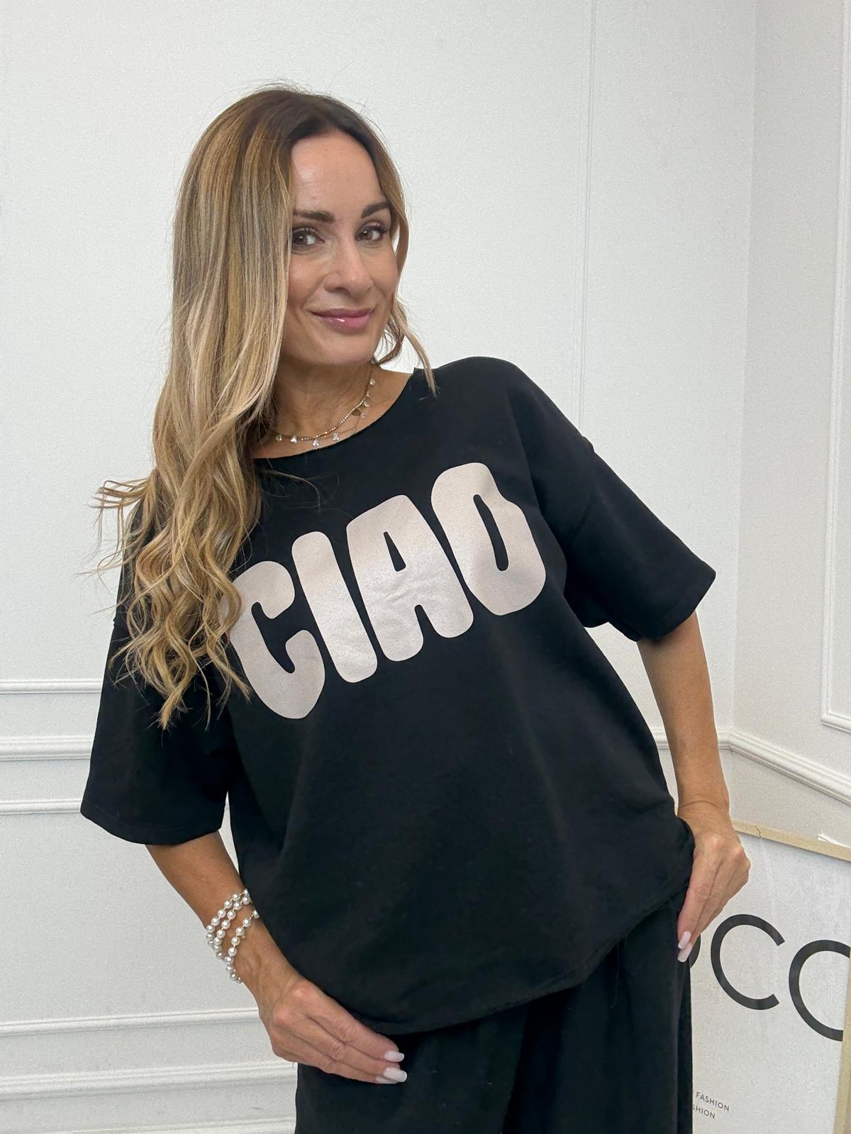 Czarna Bluzka T-shirt z Napisem CIAO Mooij