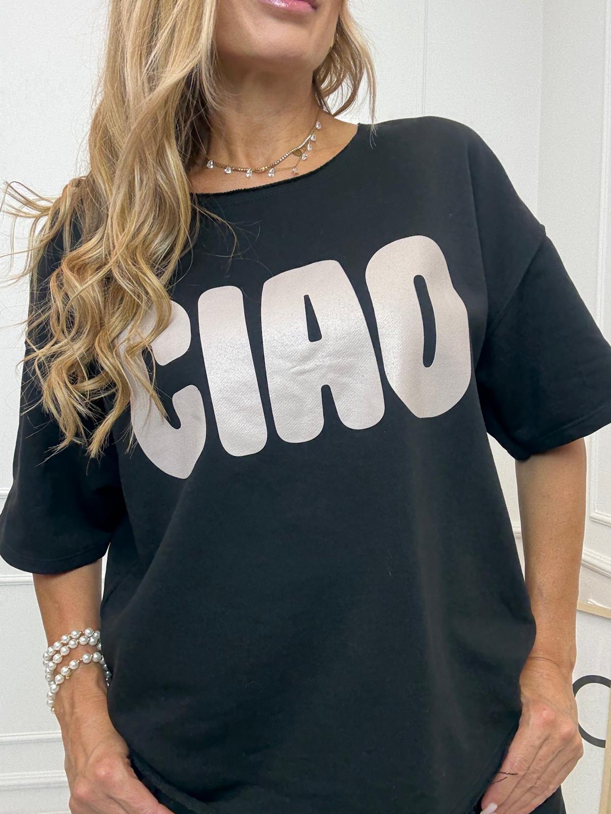 Czarna Bluzka T-shirt z Napisem CIAO Mooij