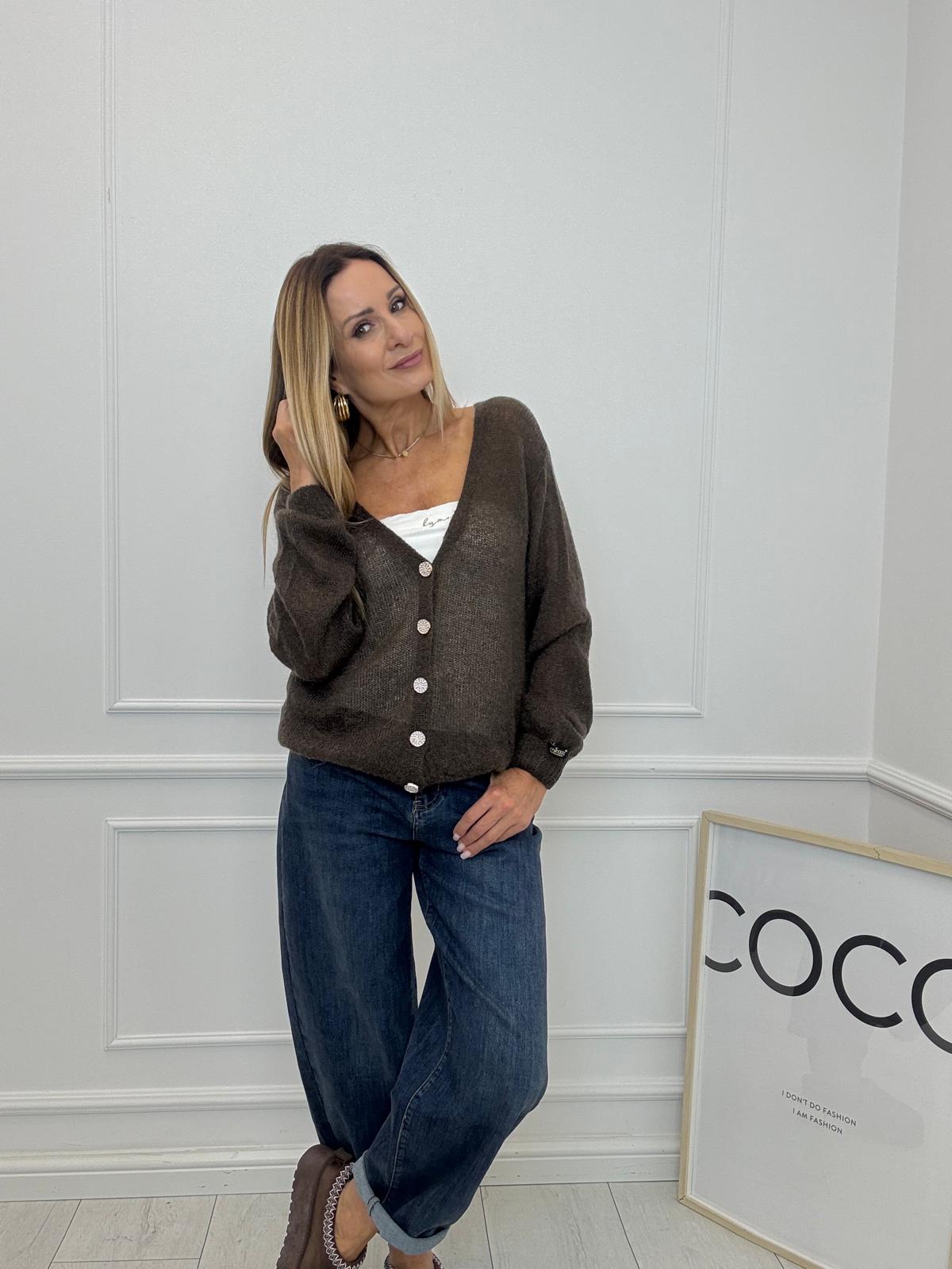 Czekoladowy Sweter Cardigan Minouu Kid Moher