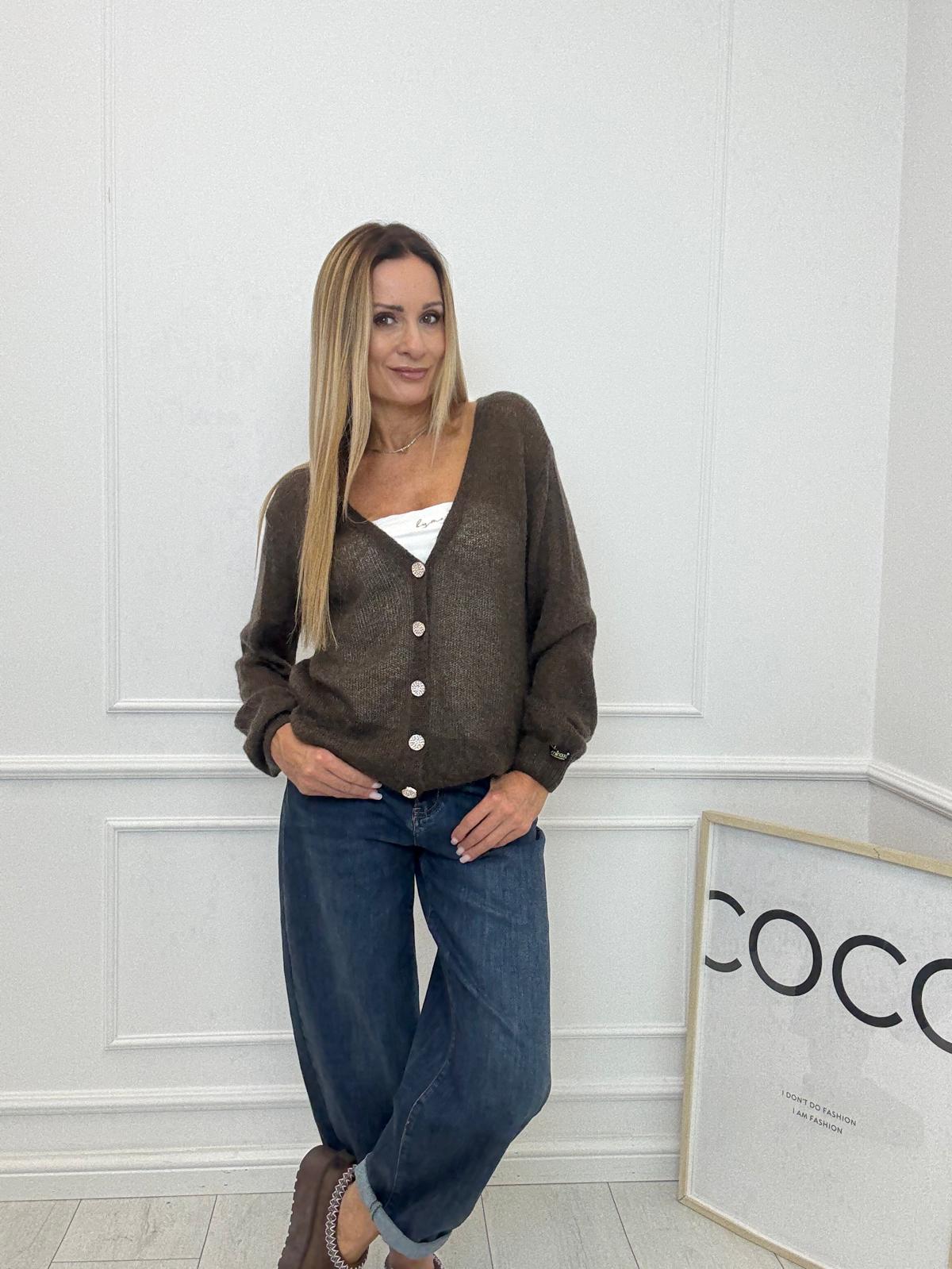 Czekoladowy Sweter Cardigan Minouu Kid Moher