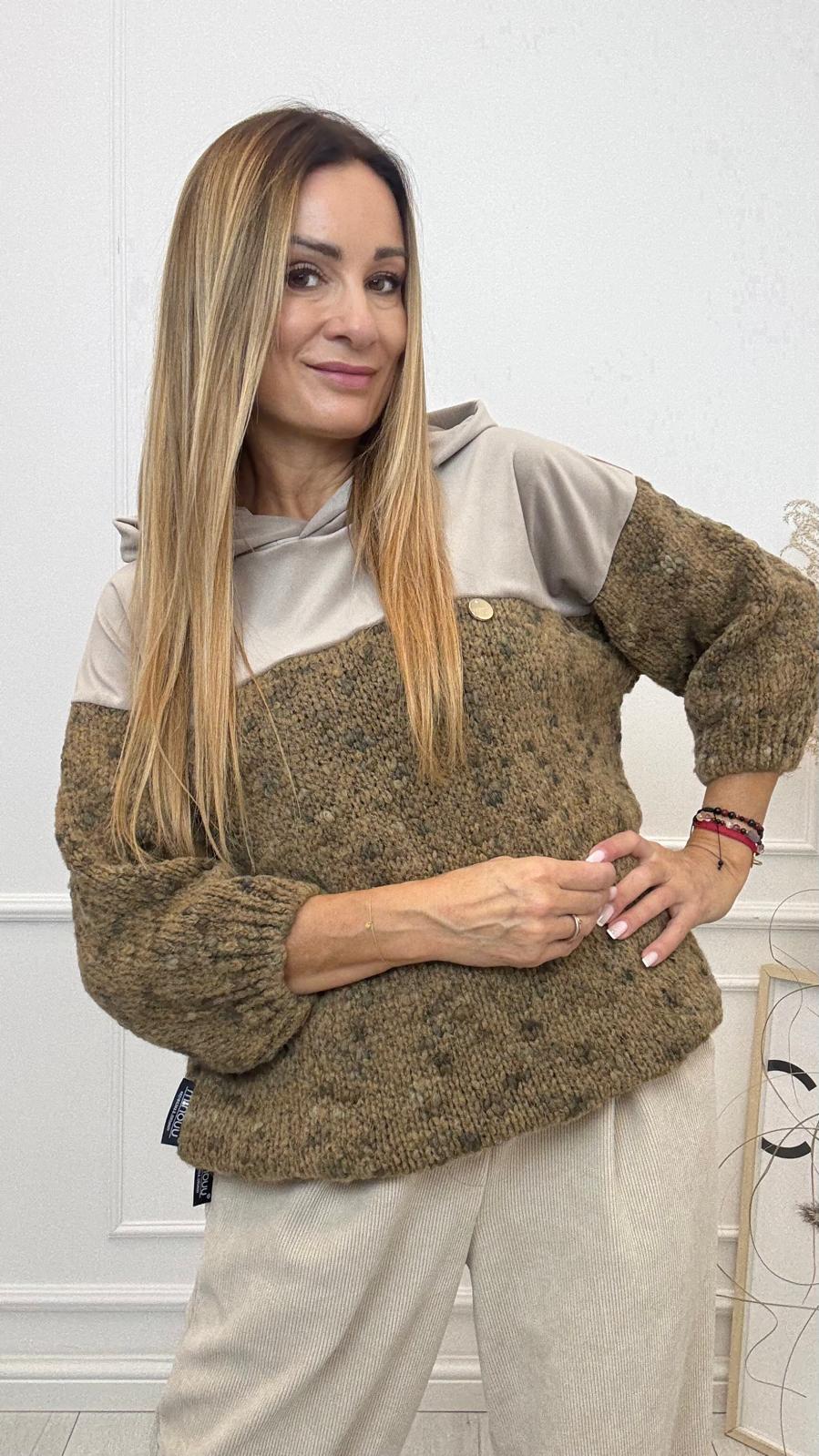  Beżowy Sweter Minouu z Wełnianą Przędzą