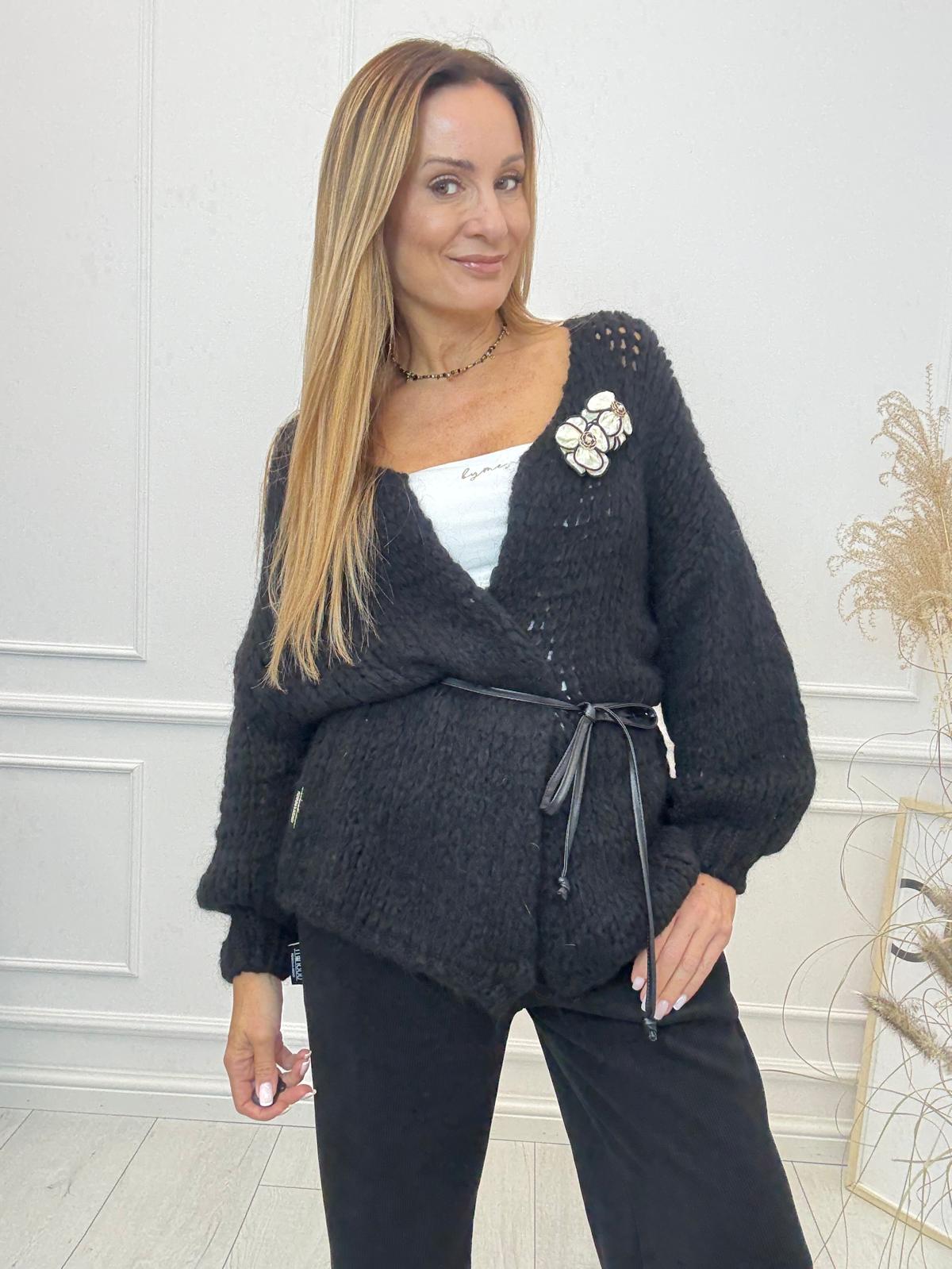 Sweter Kardigan z Paseczkiem Minouu Czarny