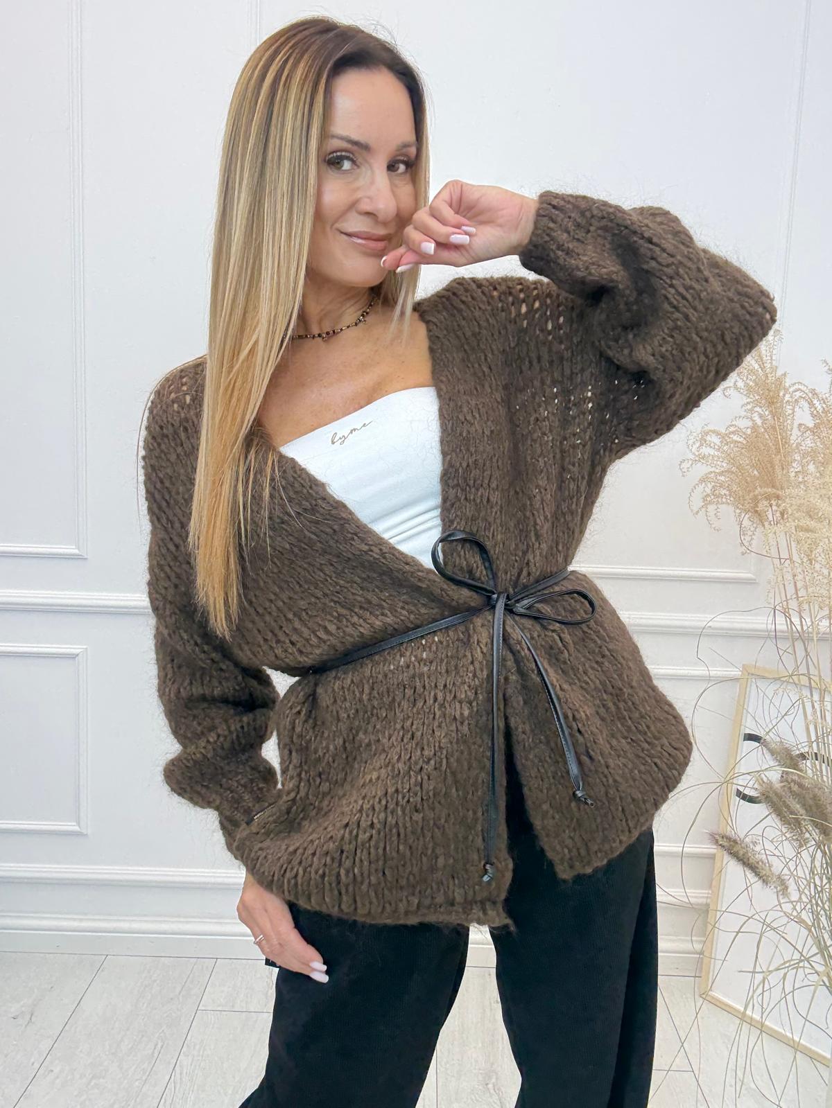 Sweter Kardigan z Paseczkiem Minouu Czekolada 
