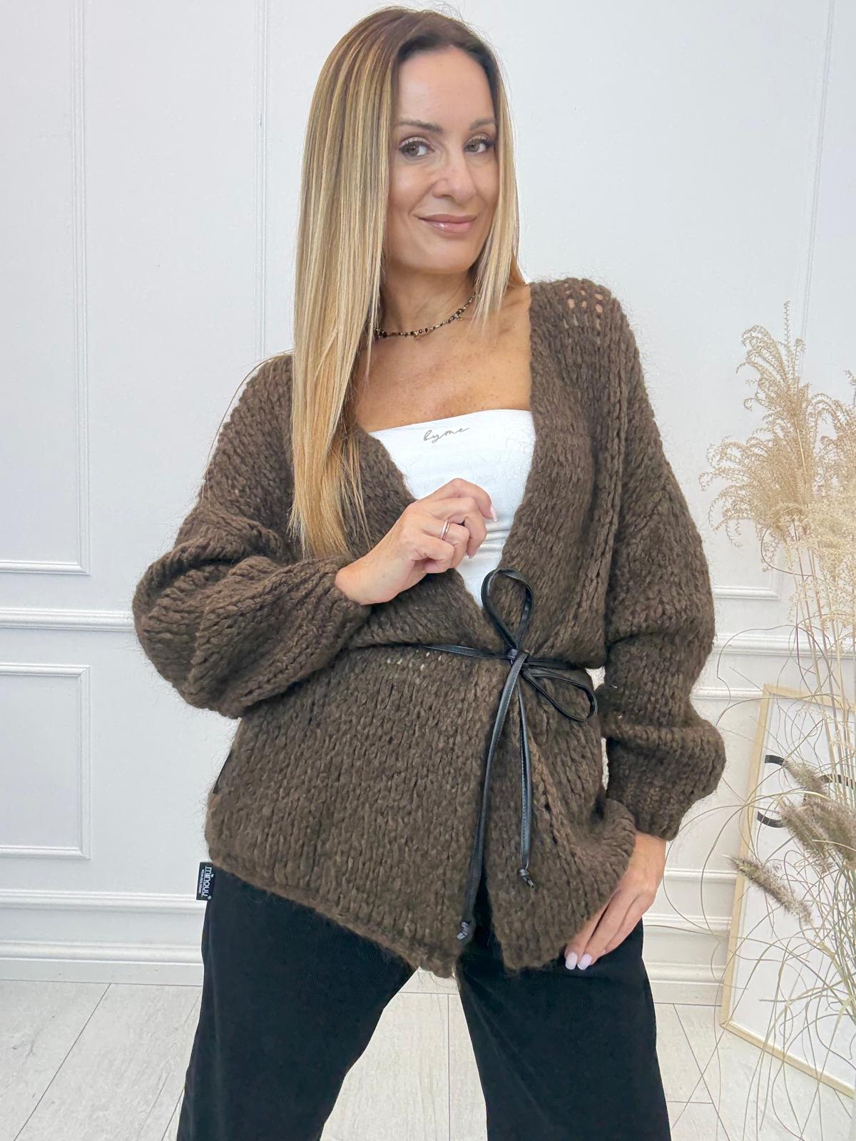 Sweter Kardigan z Paseczkiem Minouu Czekolada 