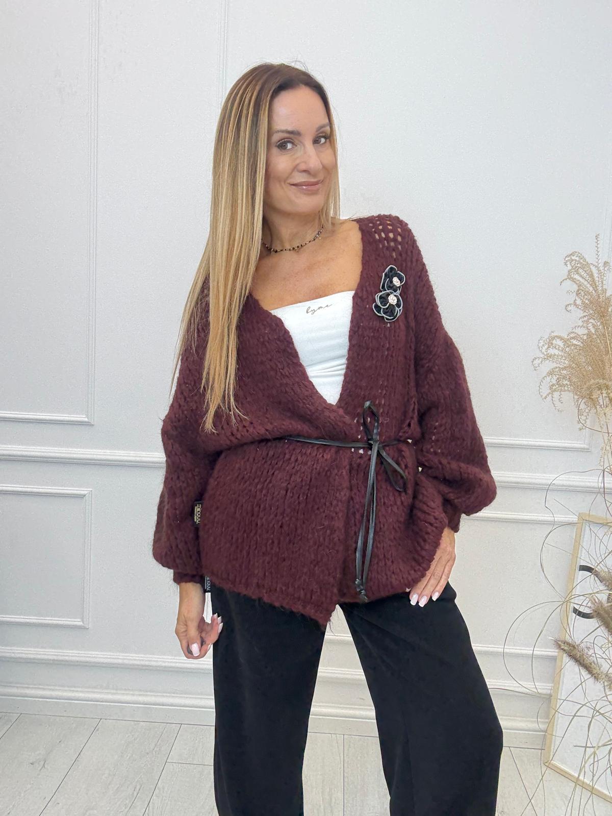 Sweter Kardigan z Paseczkiem Minouu Wino