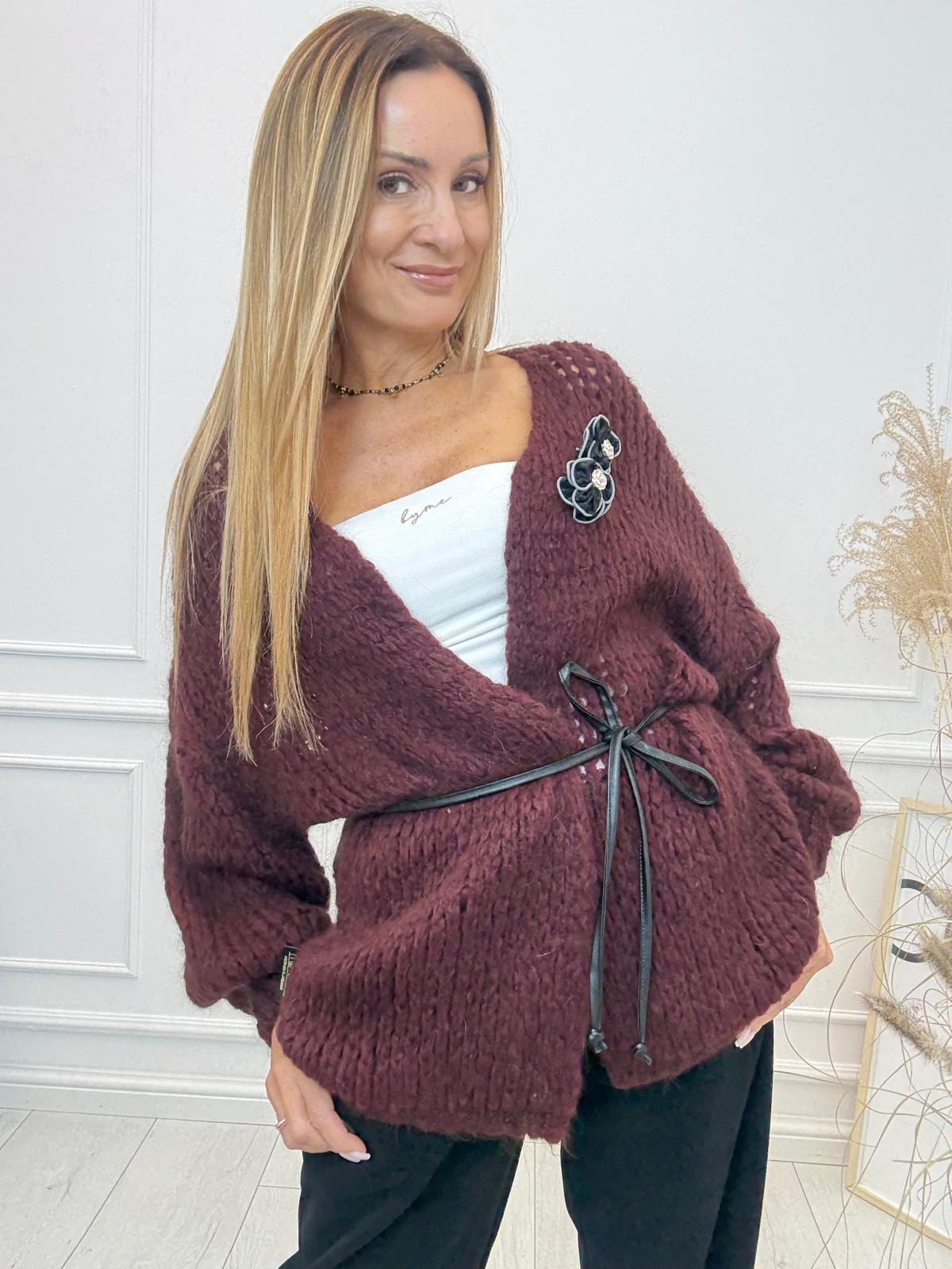 Sweter Kardigan z Paseczkiem Minouu Wino