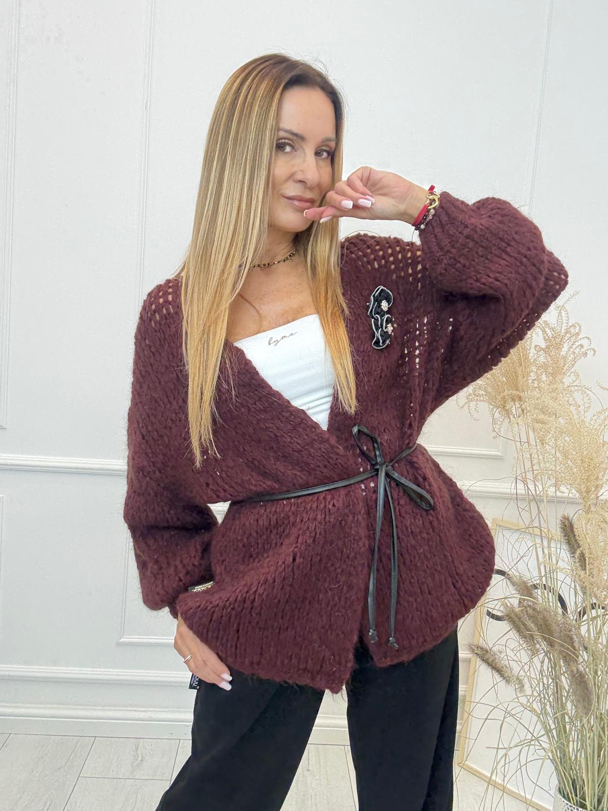 Sweter Kardigan z Paseczkiem Minouu Wino