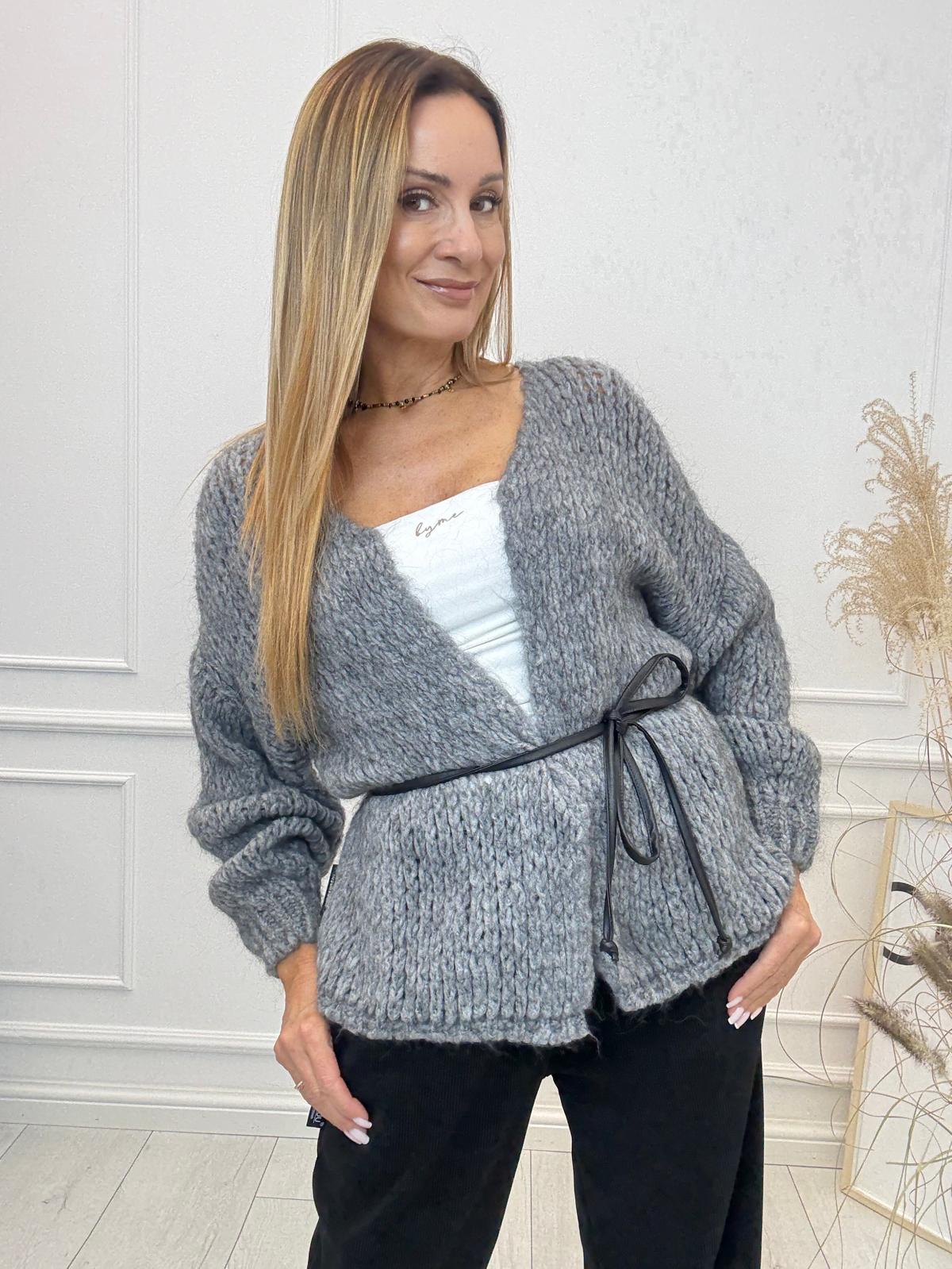 Sweter Kardigan z Paseczkiem Minouu Kolor Szary