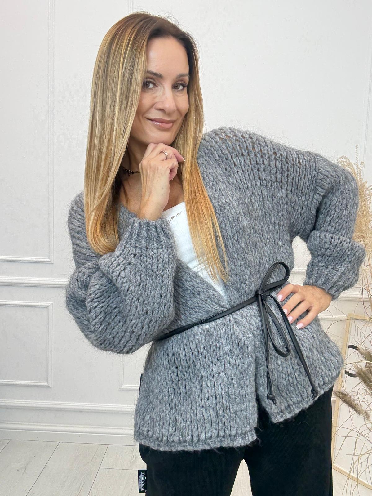 Sweter Kardigan z Paseczkiem Minouu Kolor Szary