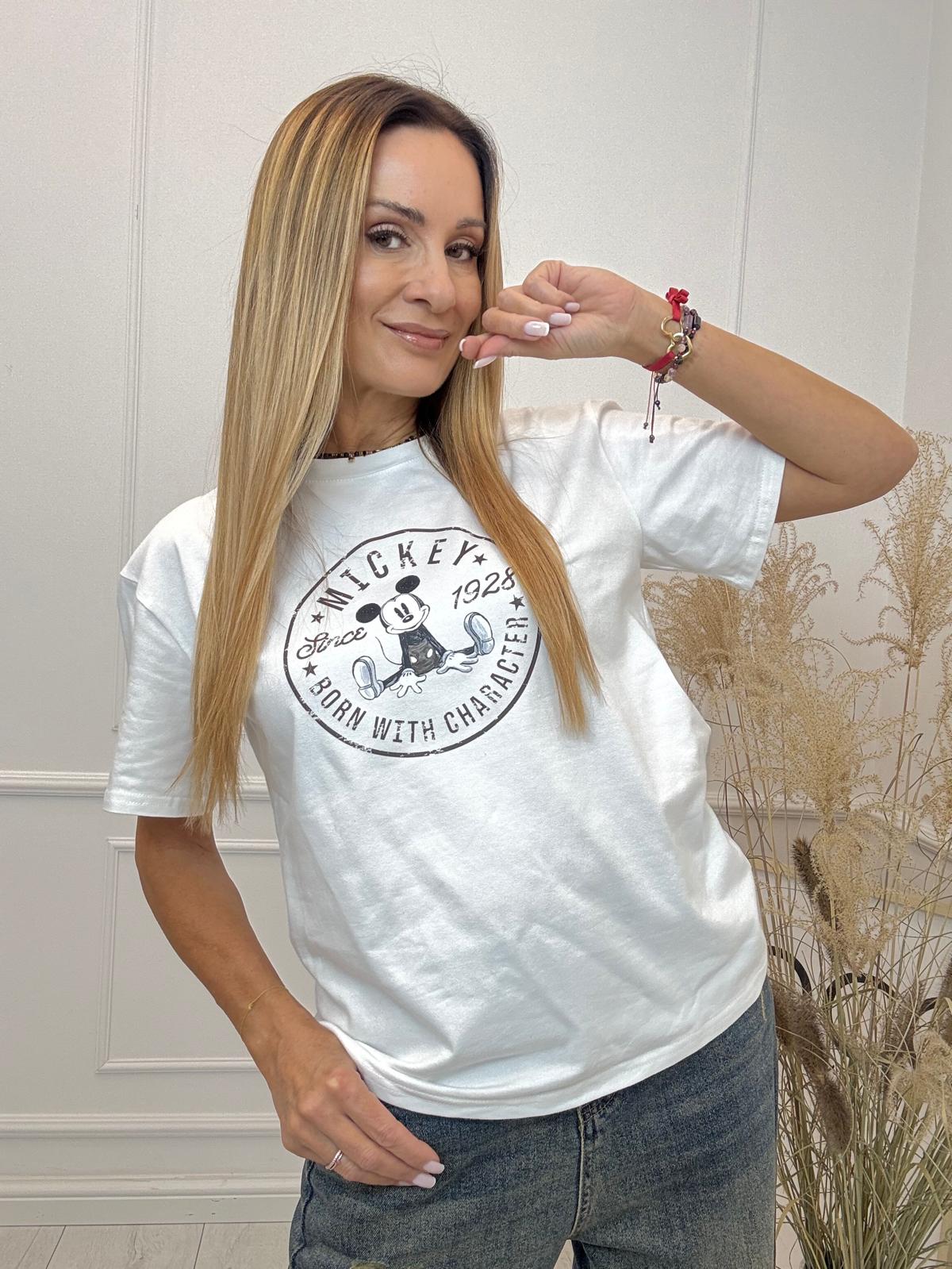 Biała Bluzka T-shirt Nooda Model z Myszką Mickey