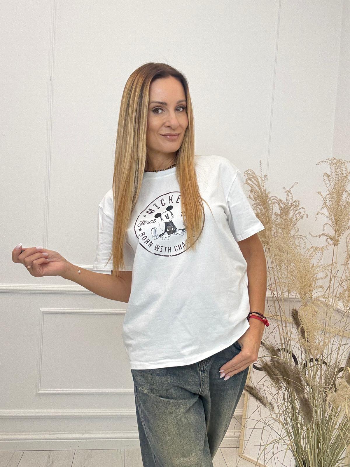 Biała Bluzka T-shirt Nooda Model z Myszką Mickey