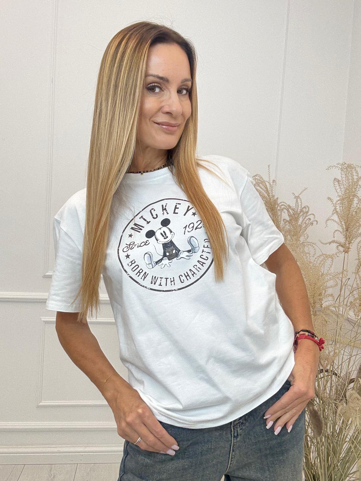Biała Bluzka T-shirt Nooda Model z Myszką Mickey