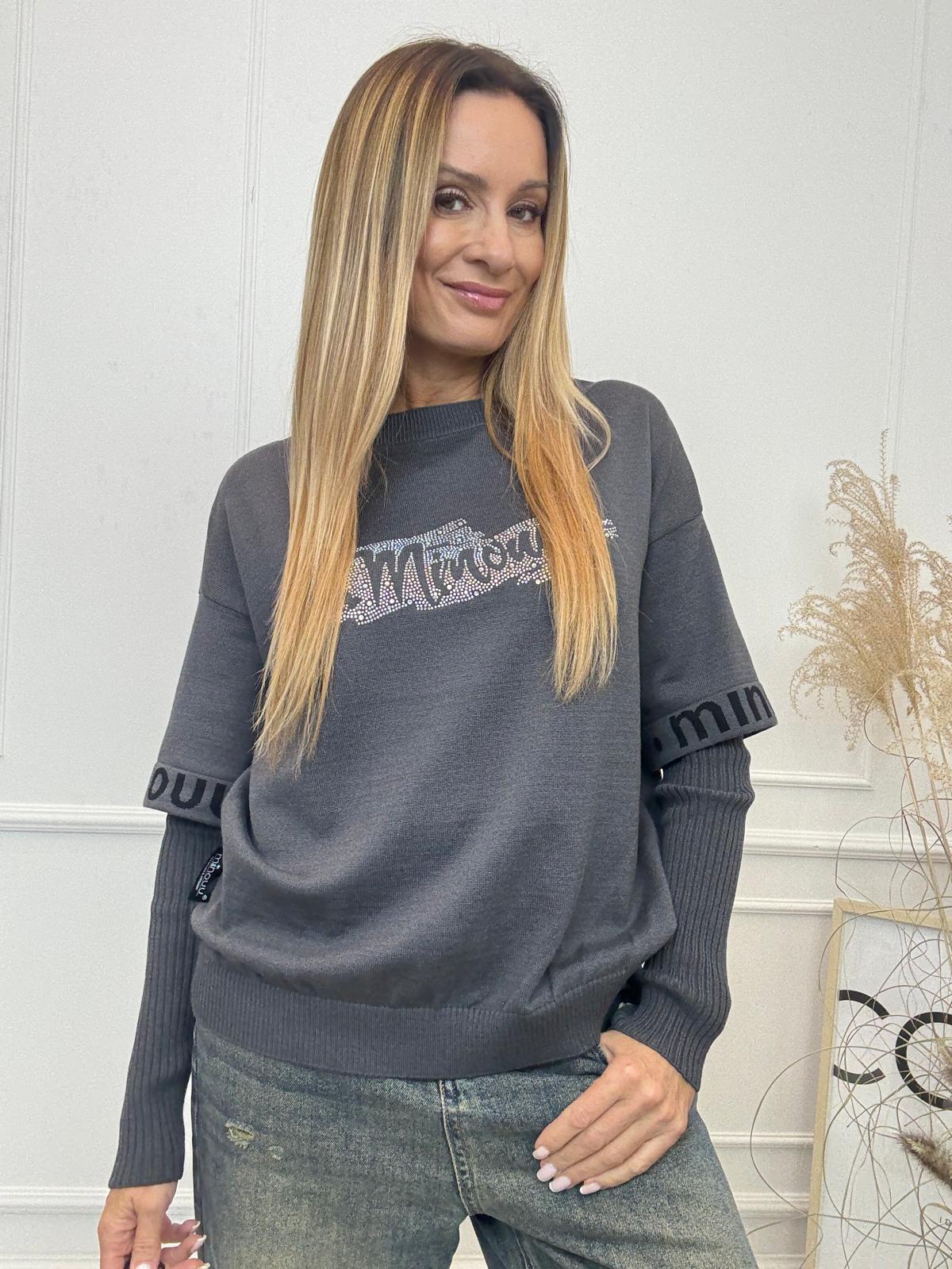 Sweter Bluza z Diamentowym Logo  Minouu Grafitowy