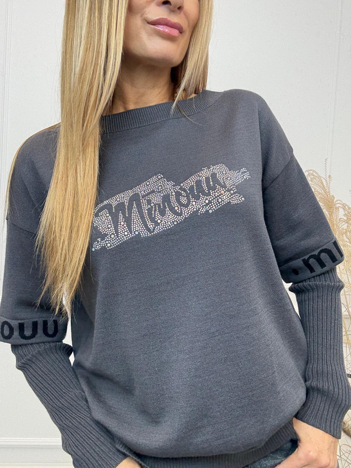 Sweter Bluza z Diamentowym Logo  Minouu Grafitowy