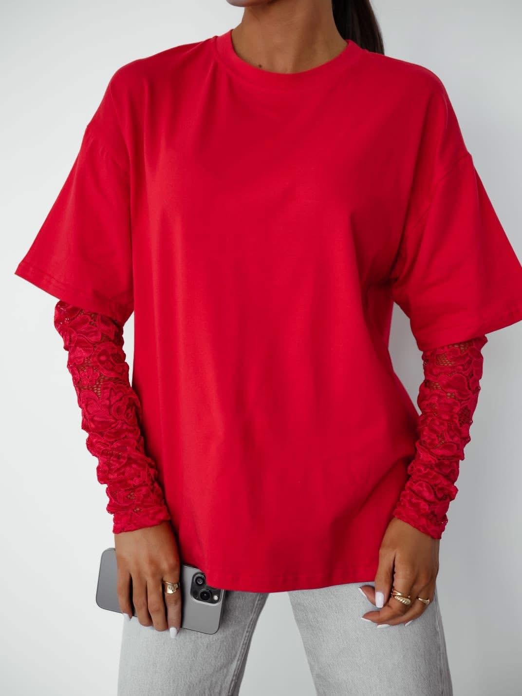 Czerwony Damski T-Shirt Bocca z Koronkowymi Rękawami