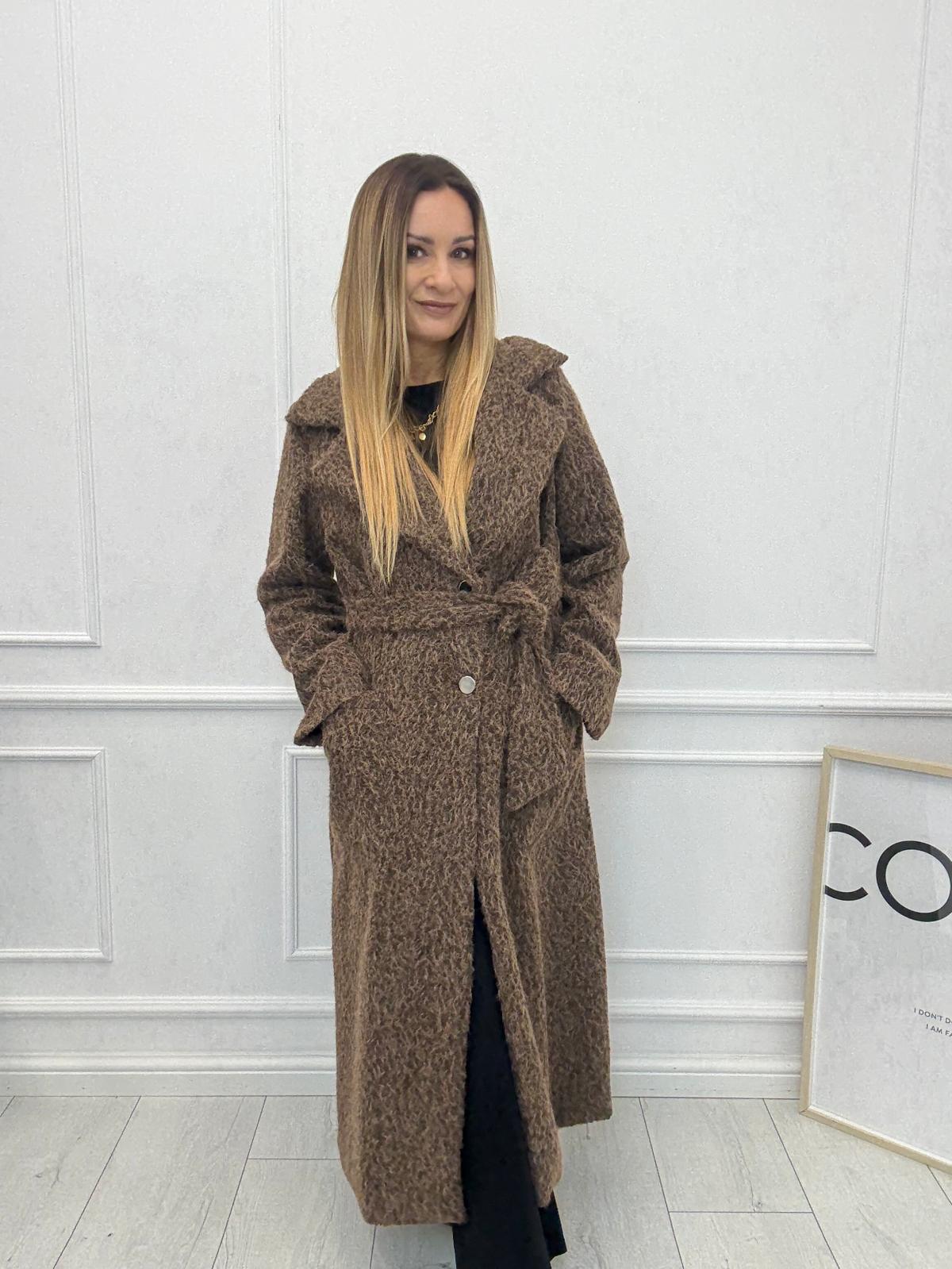 Długi Płaszcz Premium z Paskiem Wełna Melanż Minouu Mleczna Czekolada 