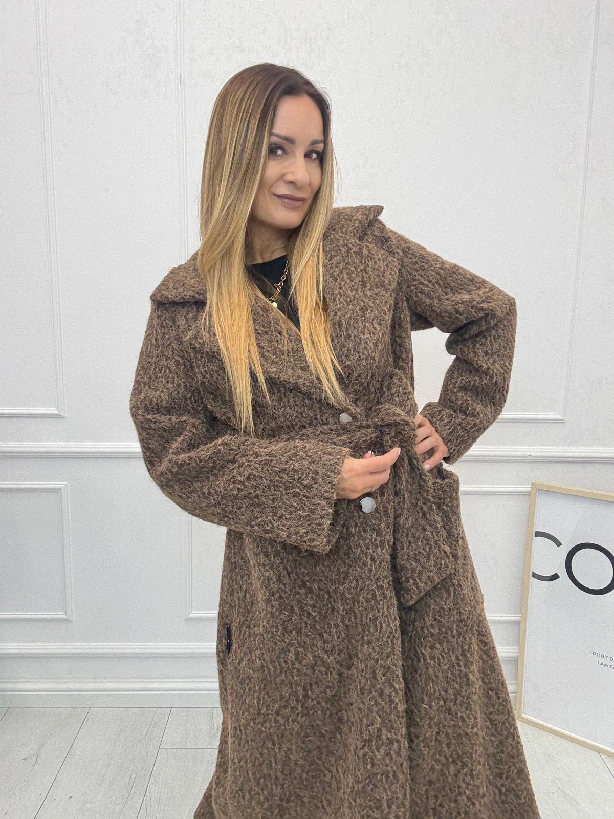 Długi Płaszcz Premium z Paskiem Wełna Melanż Minouu Mleczna Czekolada 