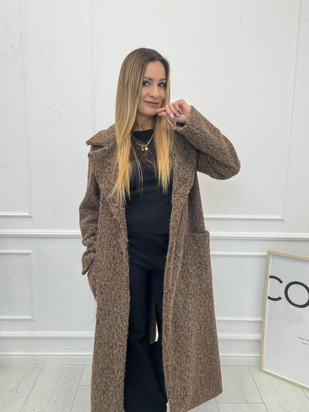 Długi Płaszcz Premium z Paskiem Wełna Melanż Minouu Mleczna Czekolada 