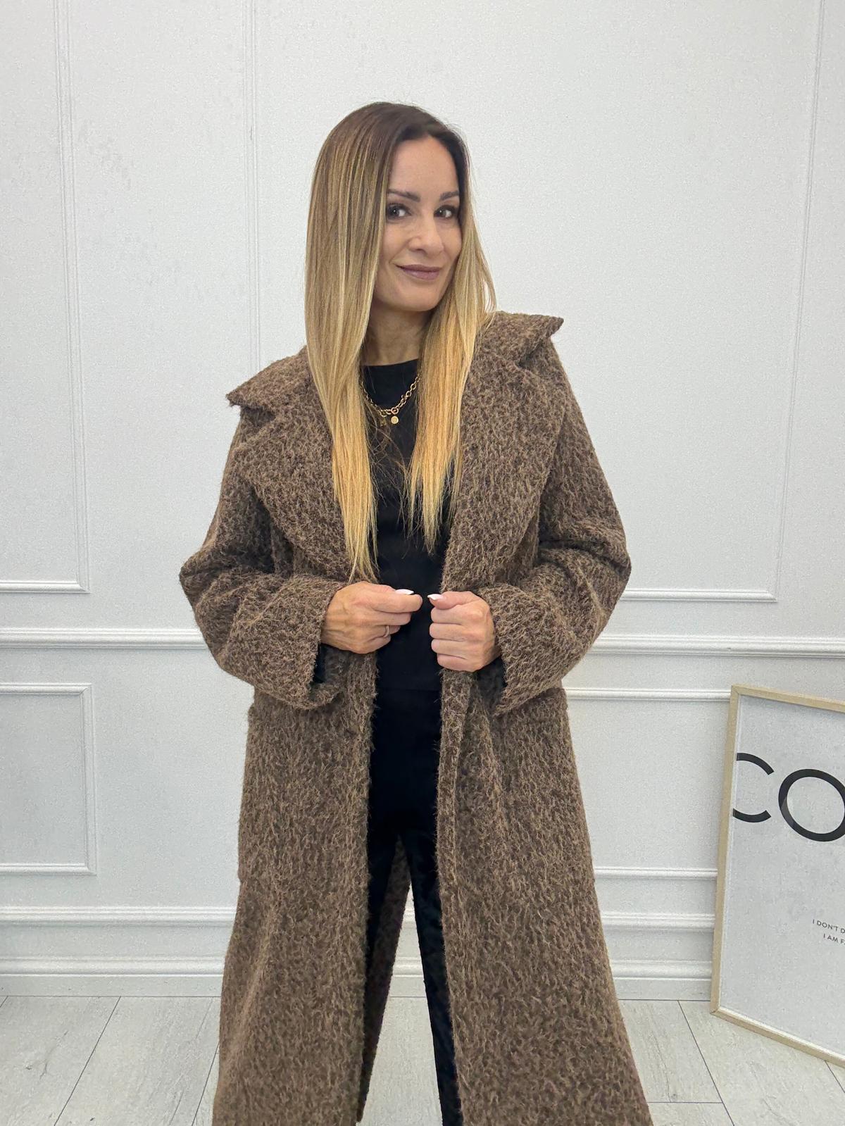 Długi Płaszcz Premium z Paskiem Wełna Melanż Minouu Mleczna Czekolada 