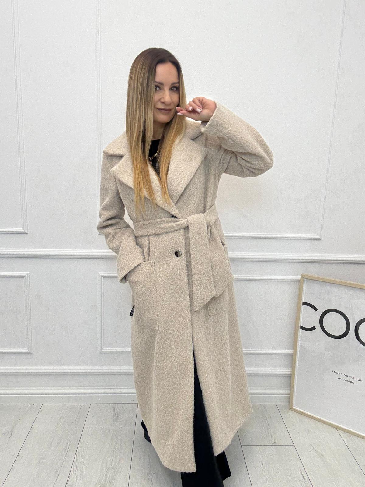 Długi Płaszcz Premium z Paskiem Wełna Melanż Minouu Ecru