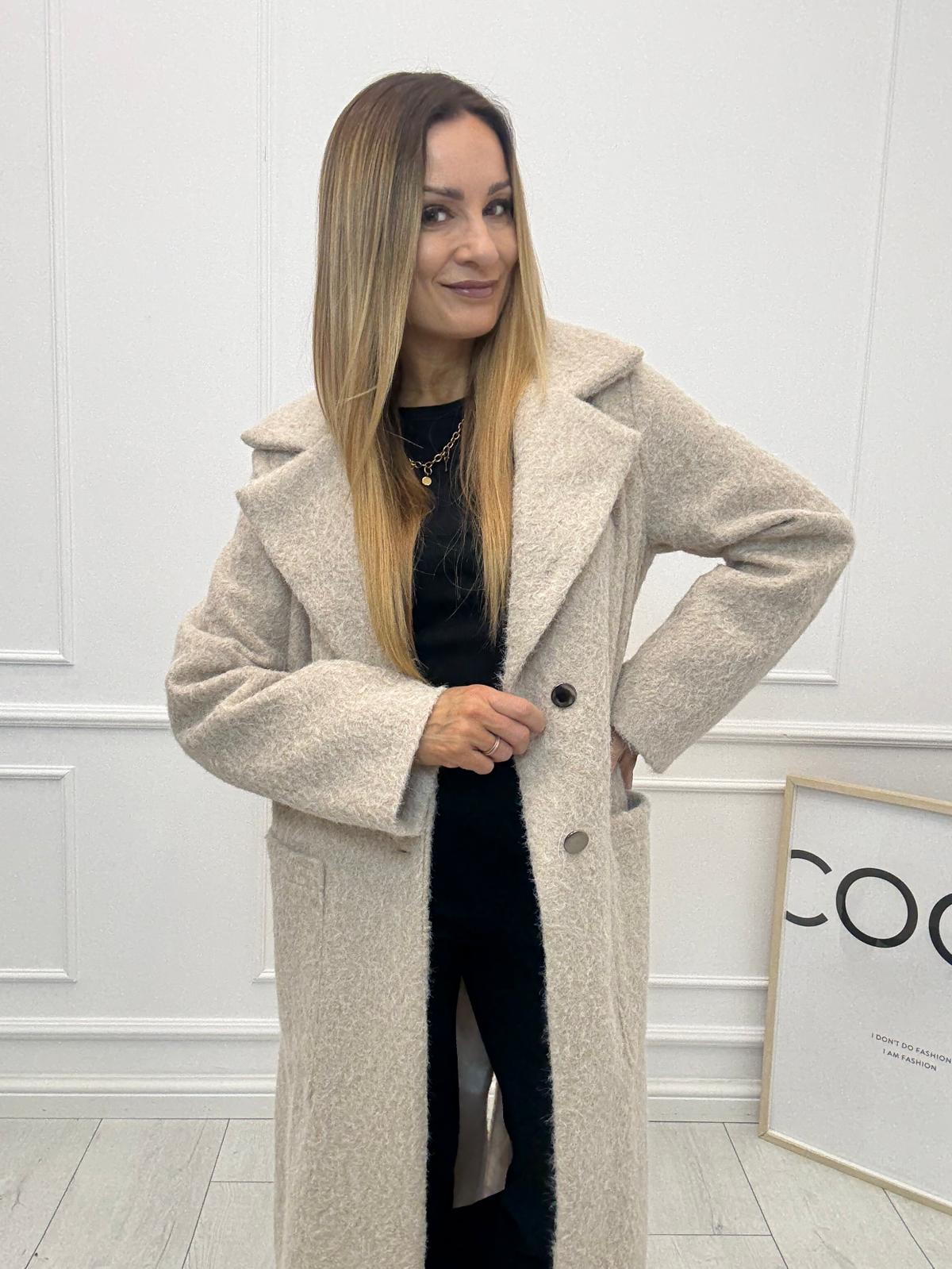 Długi Płaszcz Premium z Paskiem Wełna Melanż Minouu Ecru