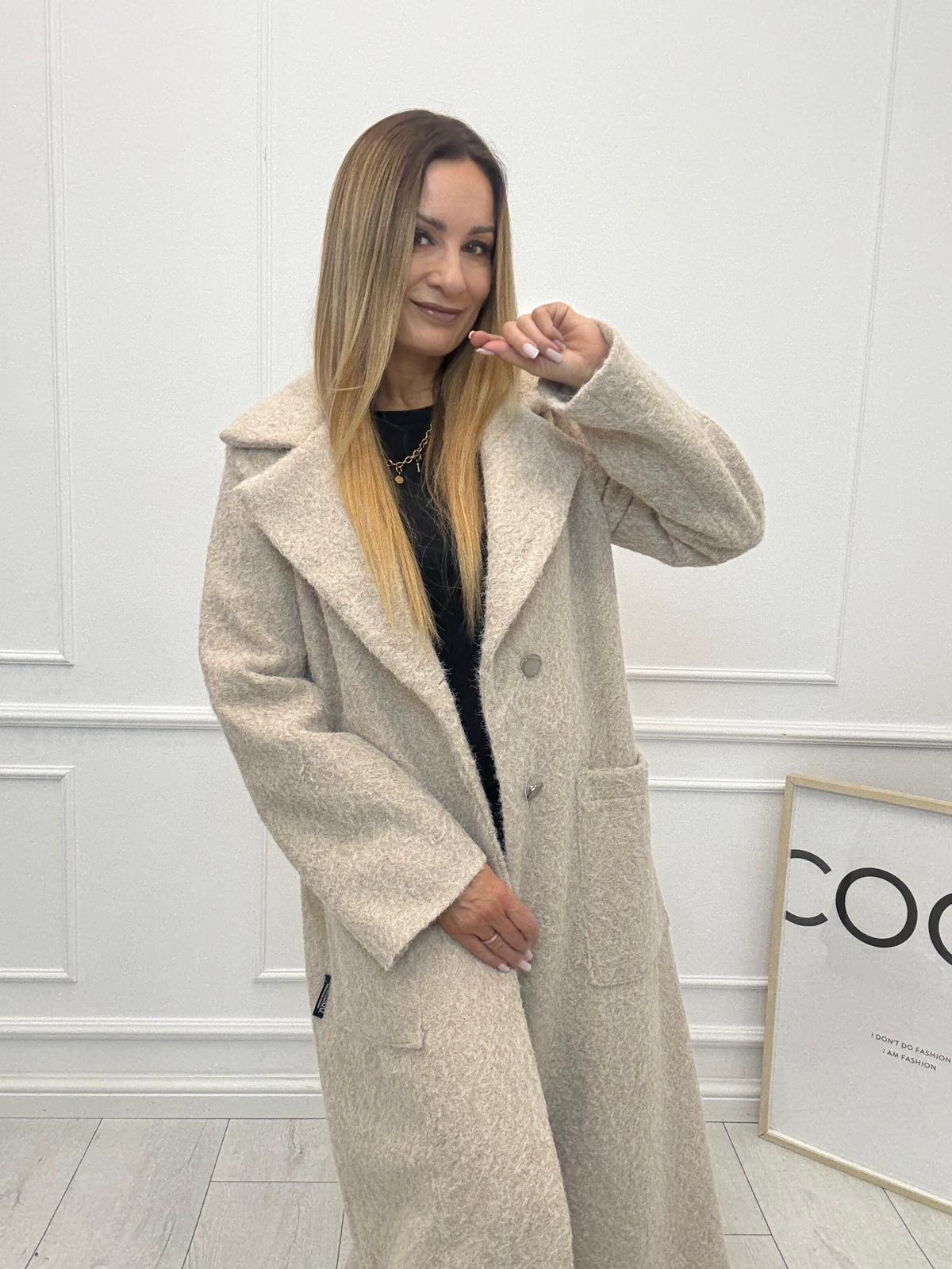 Długi Płaszcz Premium z Paskiem Wełna Melanż Minouu Ecru