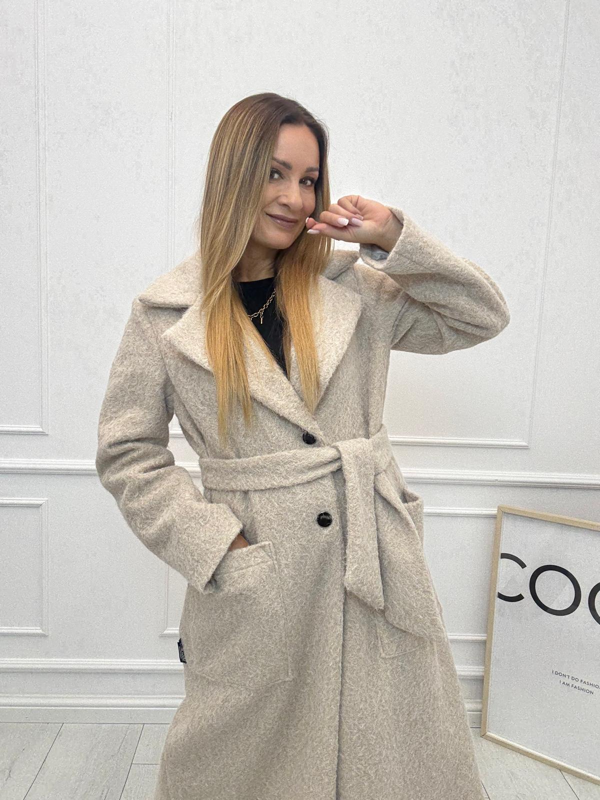 Długi Płaszcz Premium z Paskiem Wełna Melanż Minouu Ecru