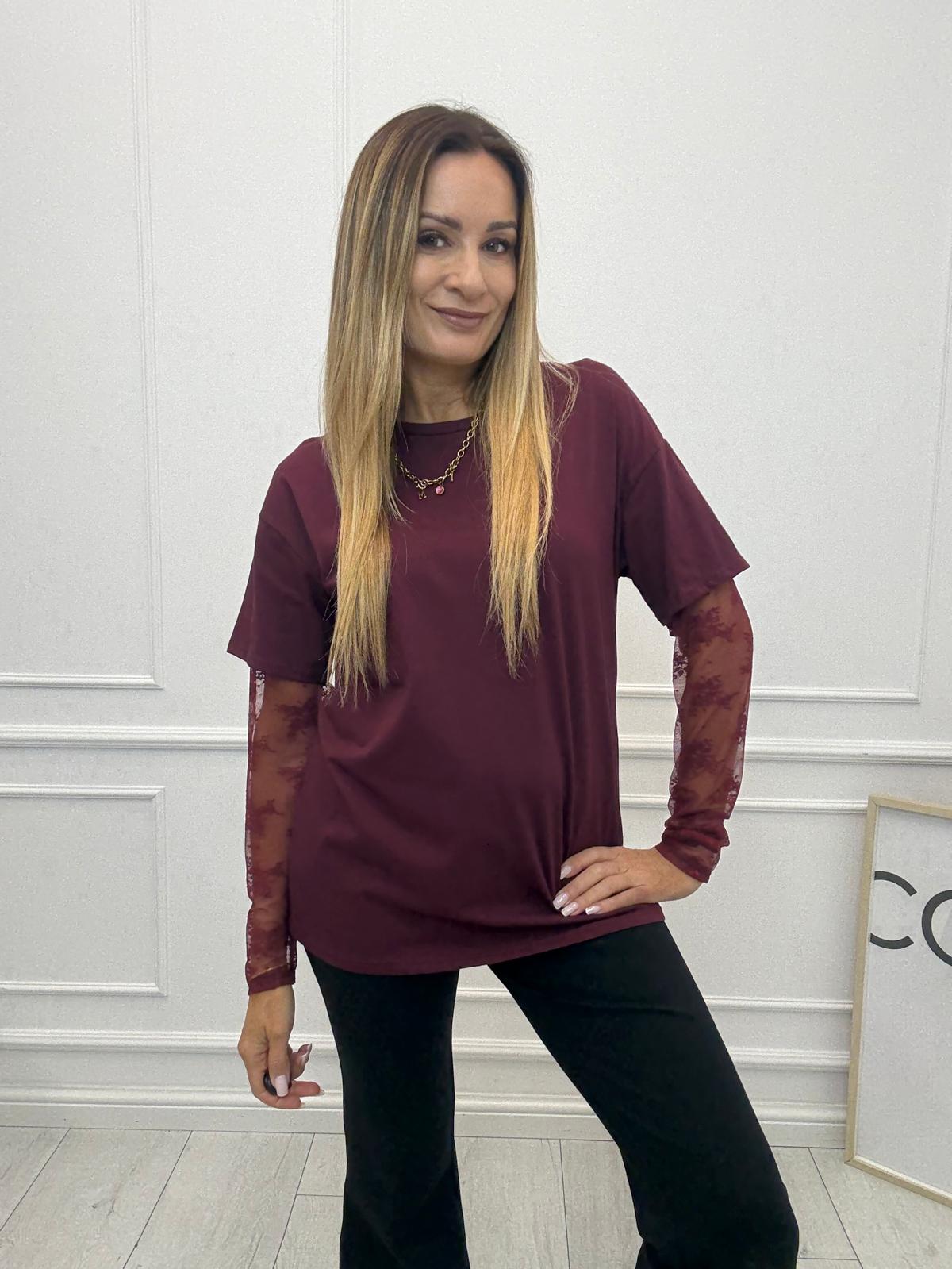 Bordowy Damski T-Shirt Bocca z Koronkowymi Rękawami