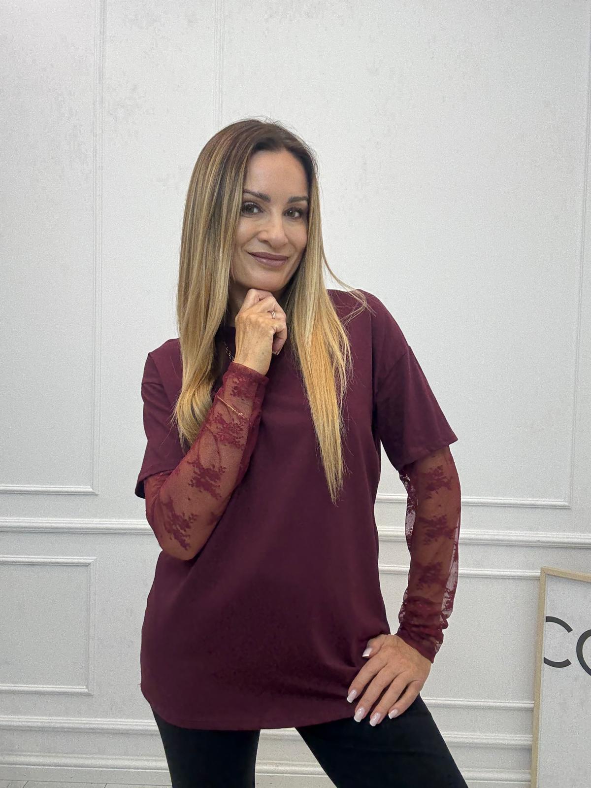 Bordowy Damski T-Shirt Bocca z Koronkowymi Rękawami