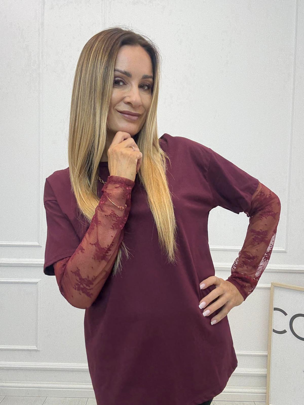 Bordowy Damski T-Shirt Bocca z Koronkowymi Rękawami