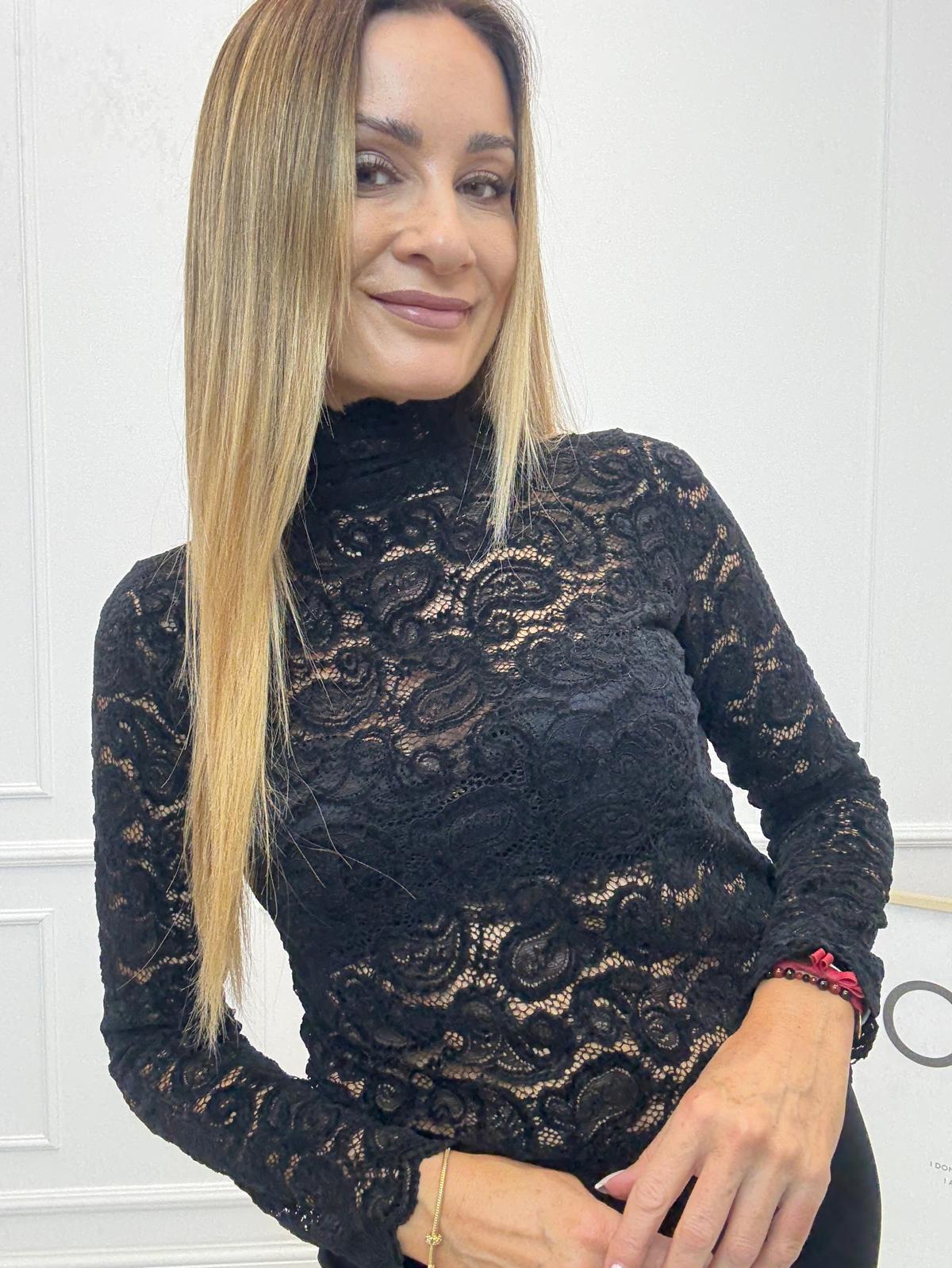  Czarna Bluzka Koronkowa z Długim Rękawem