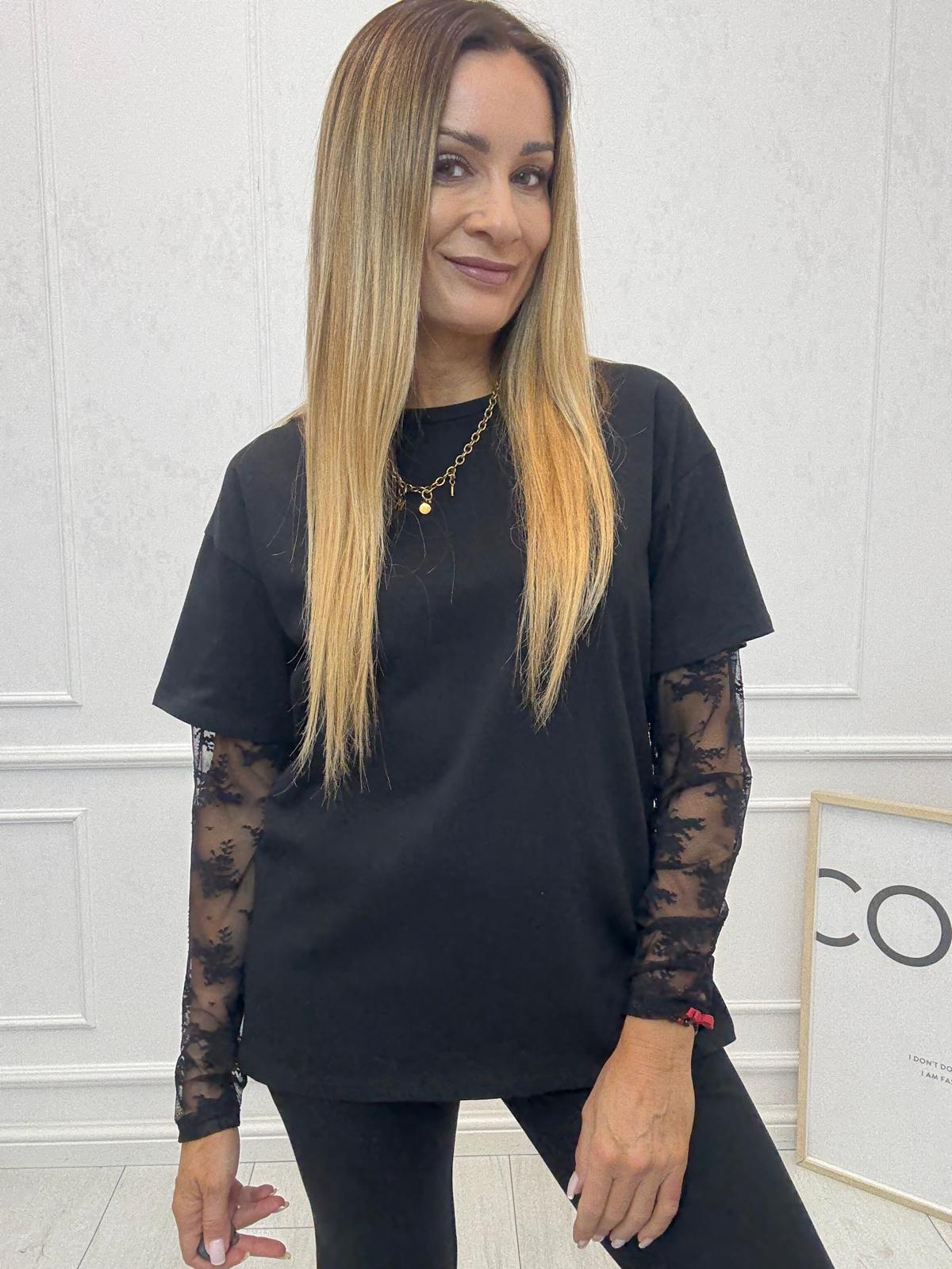 Damski T-Shirt z Koronkowymi Rękawami Czarny