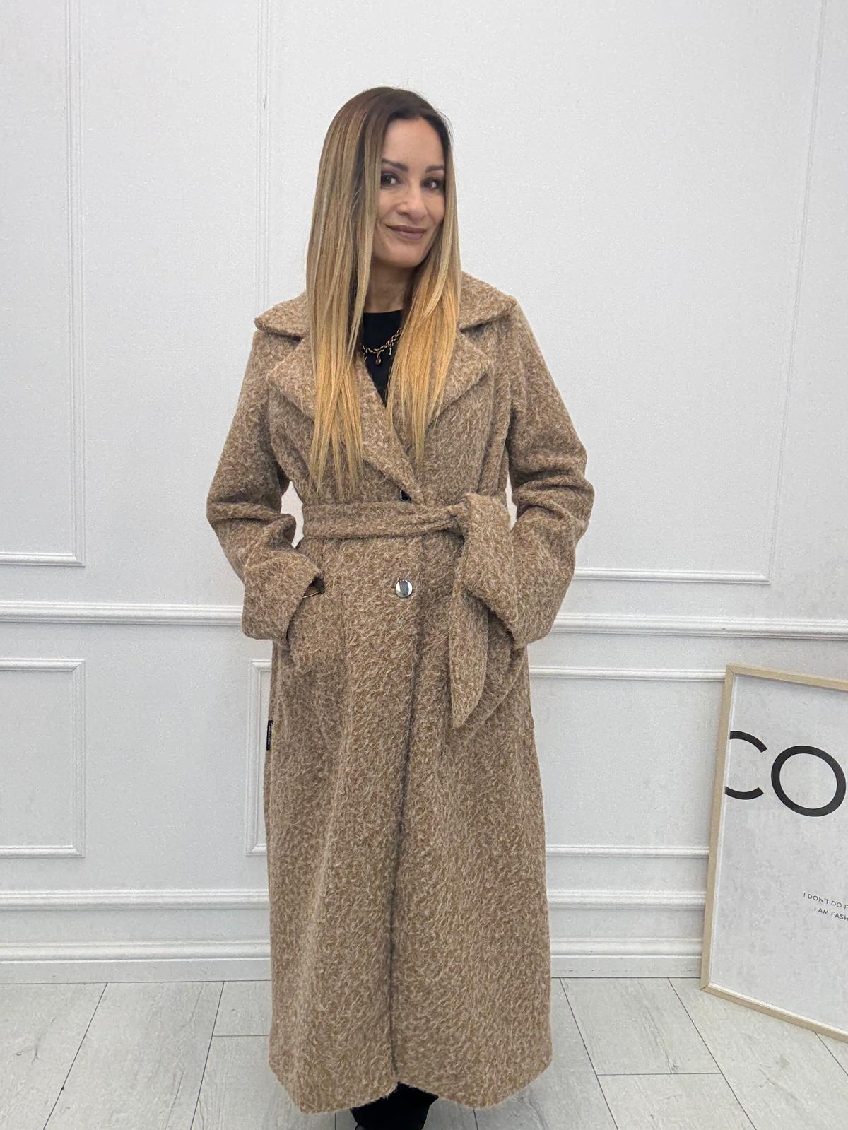 Długi Płaszcz Premium z Paskiem Wełna Melanż Minouu Koniakowy 