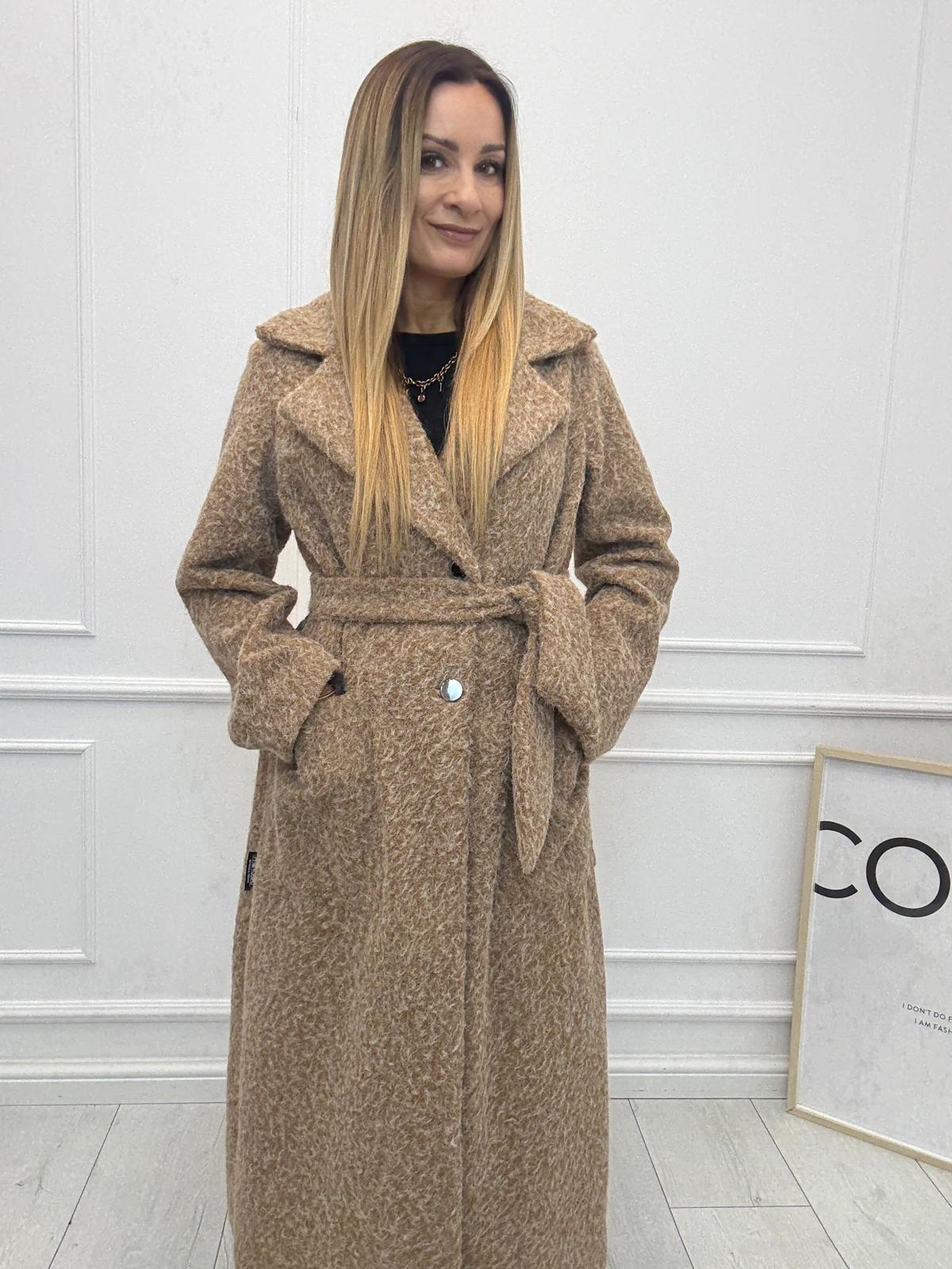 Długi Płaszcz Premium z Paskiem Wełna Melanż Minouu Koniakowy 