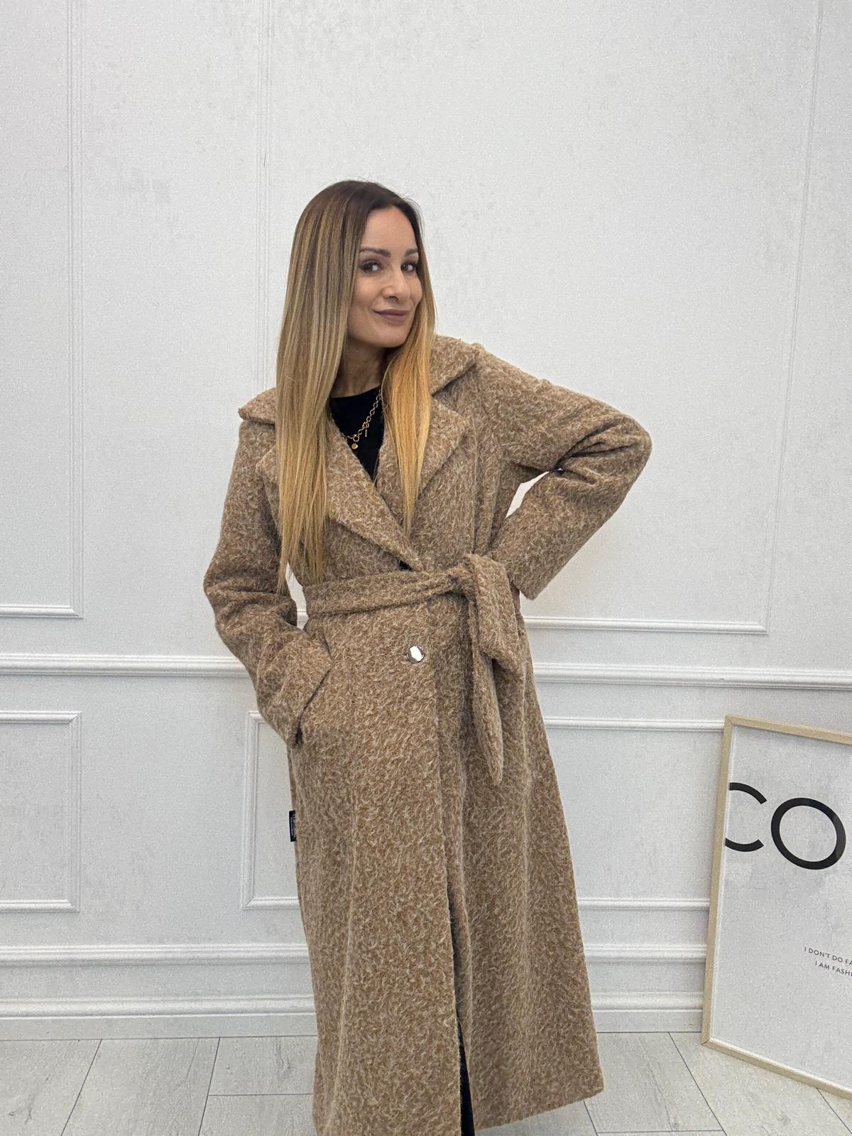 Długi Płaszcz Premium z Paskiem Wełna Melanż Minouu Koniakowy 