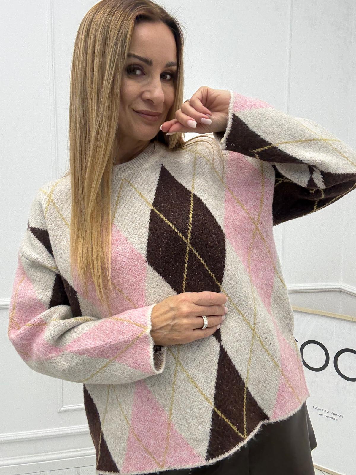 Beżowy Sweter w Romby