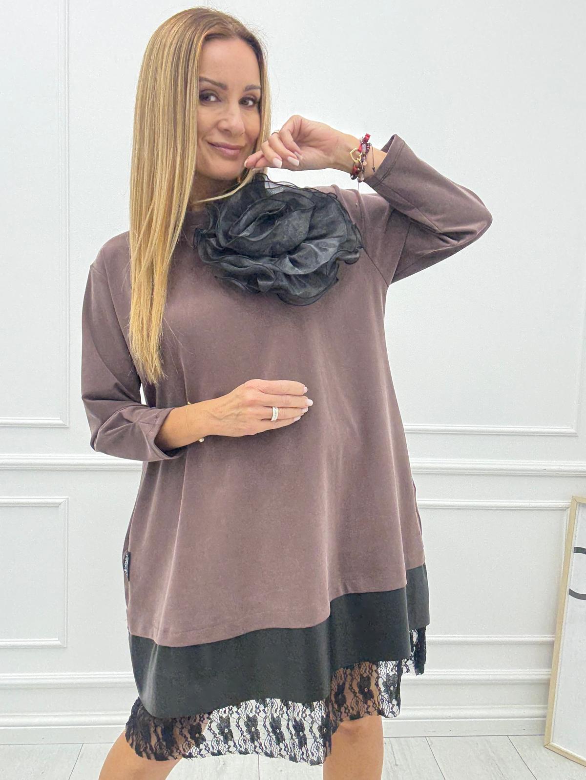 Czekoladowa Sukienka Minouu z Różą