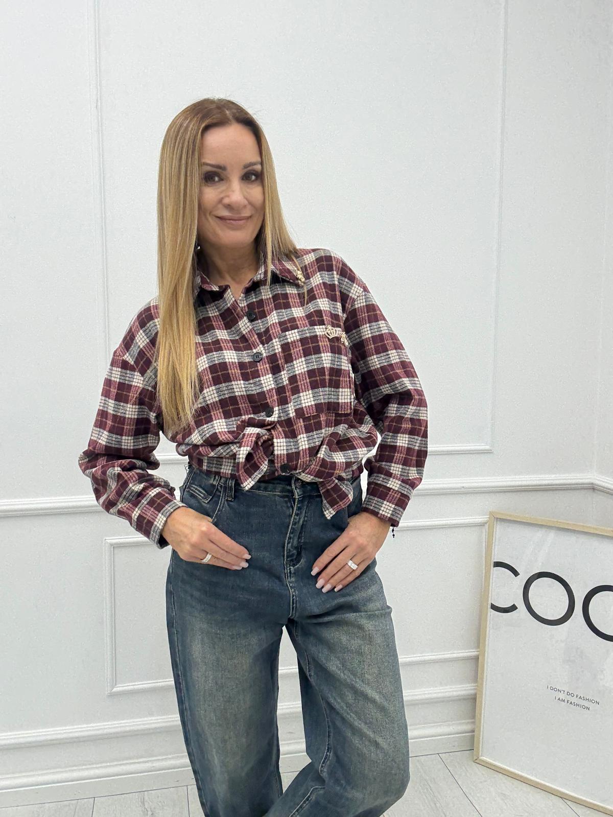 Flanelowa Koszula z Przypinkami w Bordową Kratę