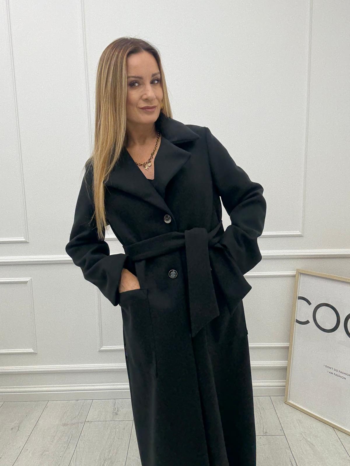 Długi Płaszcz Premium z Paskiem Minouu Czarny