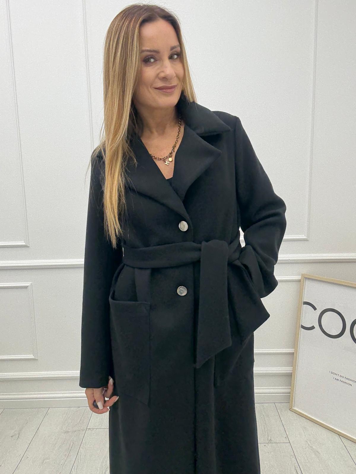 Długi Płaszcz Premium z Paskiem Minouu Czarny