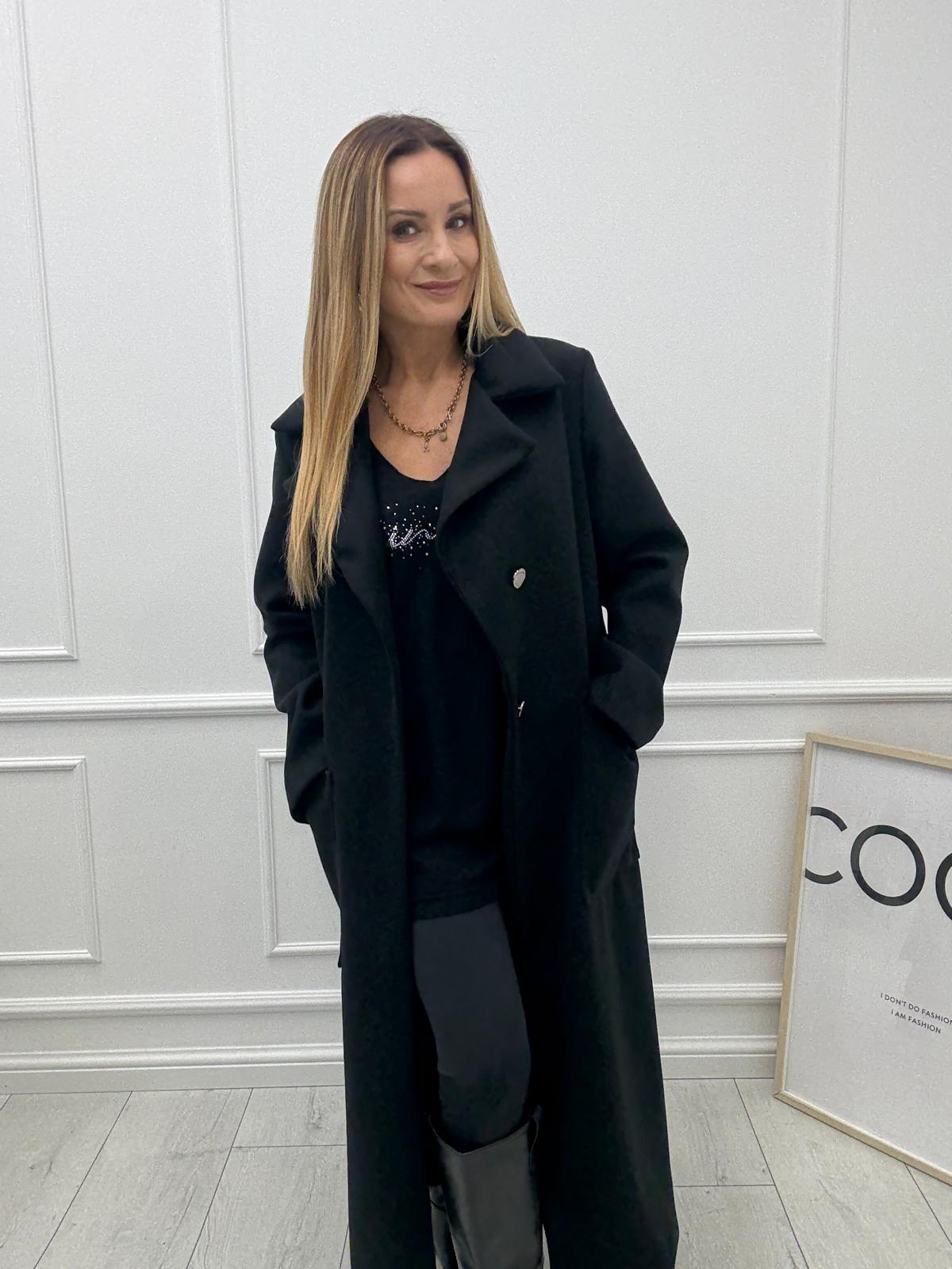 Długi Płaszcz Premium z Paskiem Minouu Czarny